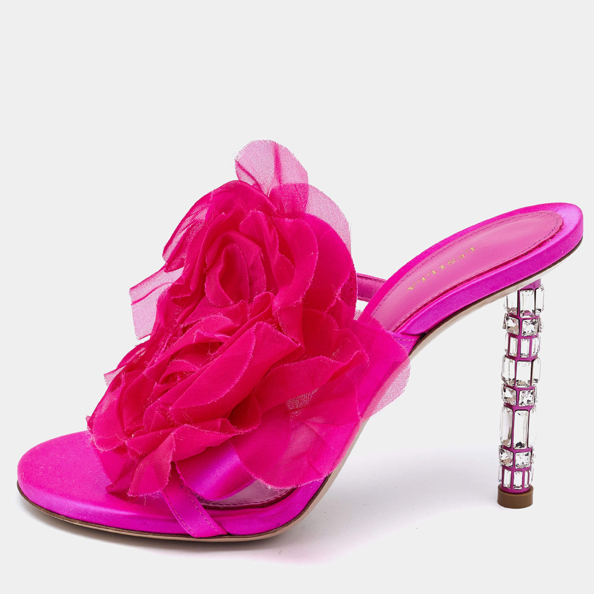 Le Silla Pink Satin Rose Embroidered Slide Sandals Size 38