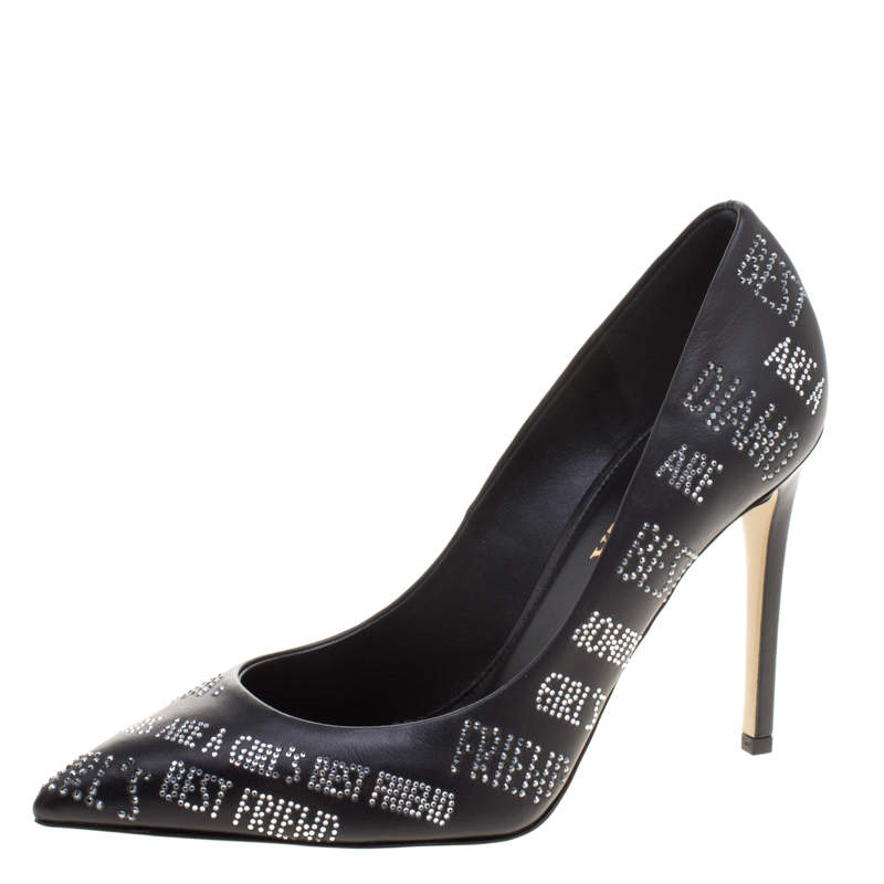 Le Silla Black Crystal Embellished Leather Pointed Toe Pumps Size 37.5