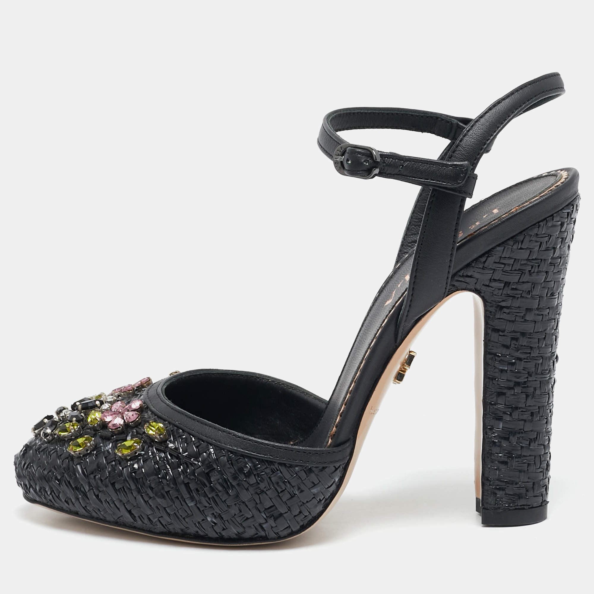 Le Silla Black Leather and Raffia Crystal Embellished Ankle Strap Sandals Size 36