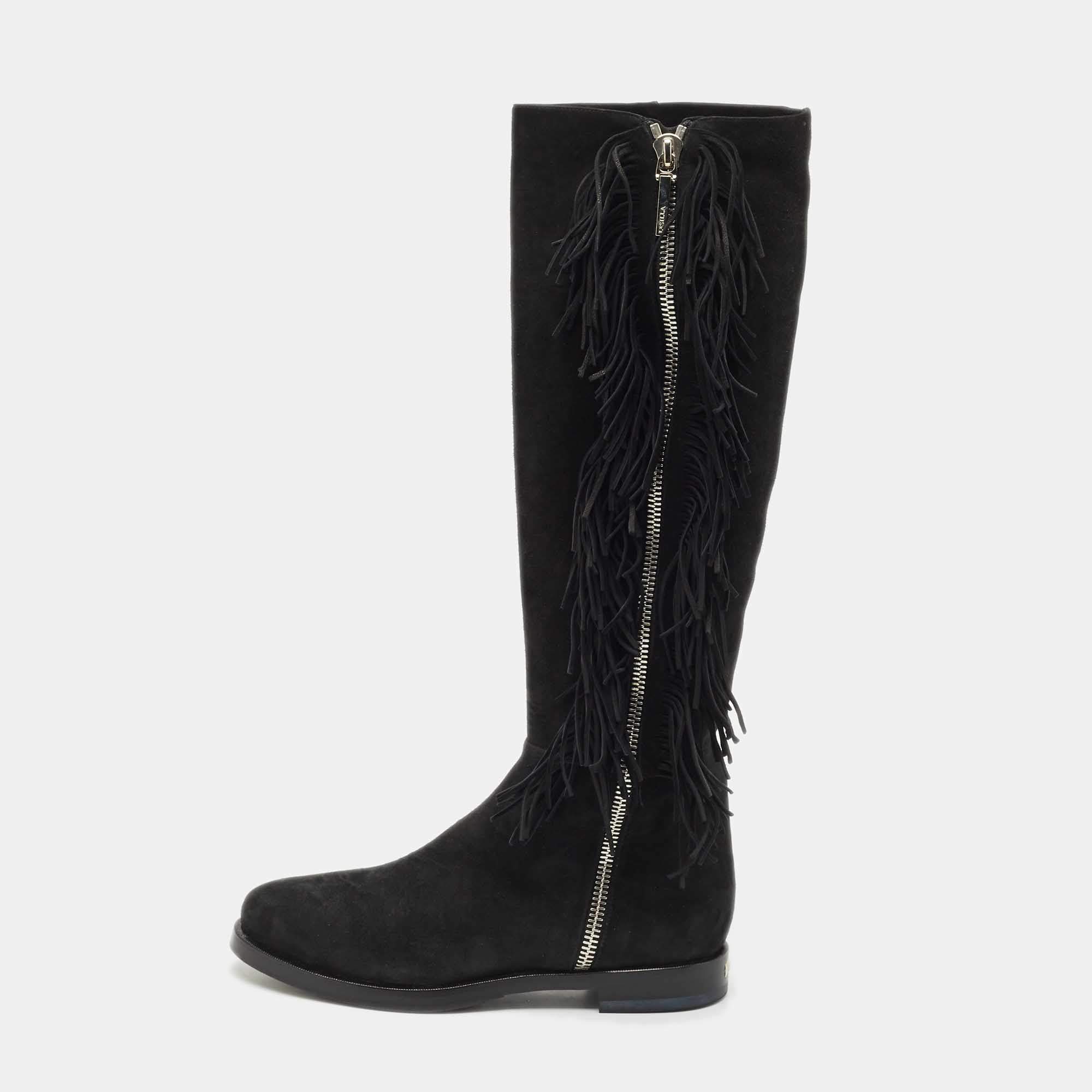 Le Silla Black Suede Fringe Trim Knee Length Boots Size 37.5