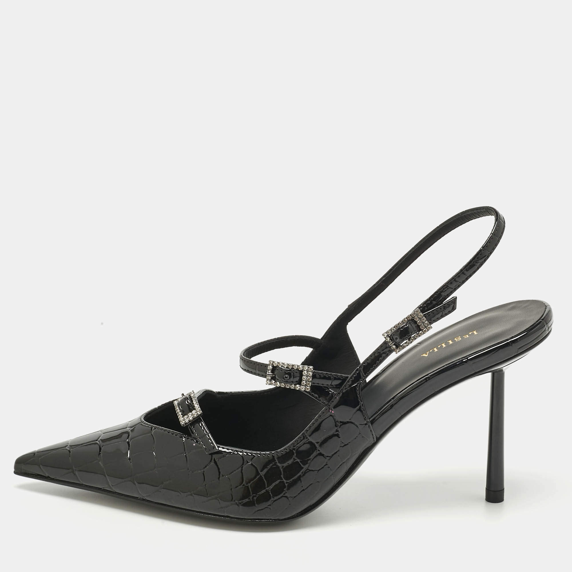 Pre Owned Le Silla Black Croc Embossed Patent Leather  Bella Slingback Pumps Size 38