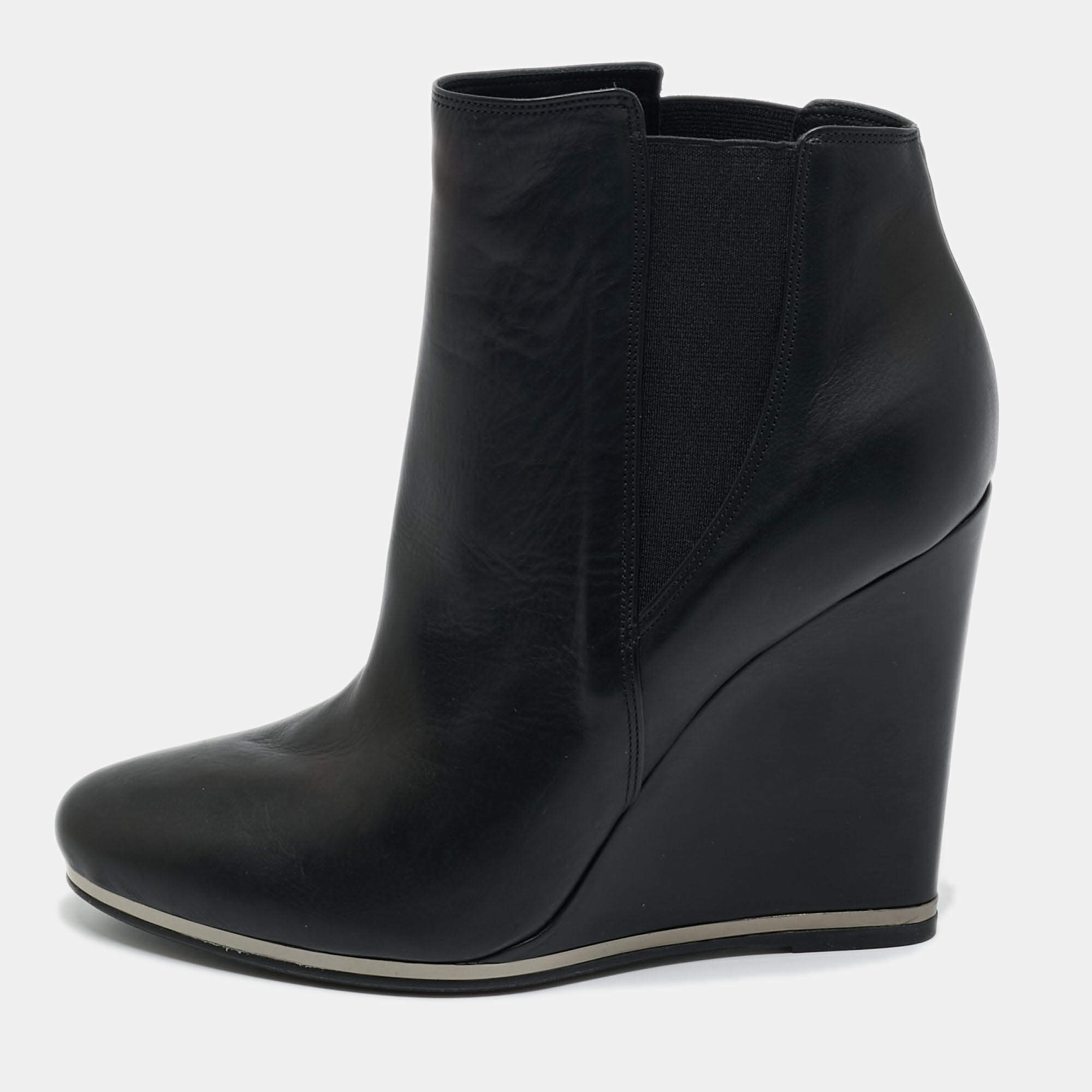 Pre Owned Le Silla Black Leather Wedge Ankle Boots Size 40