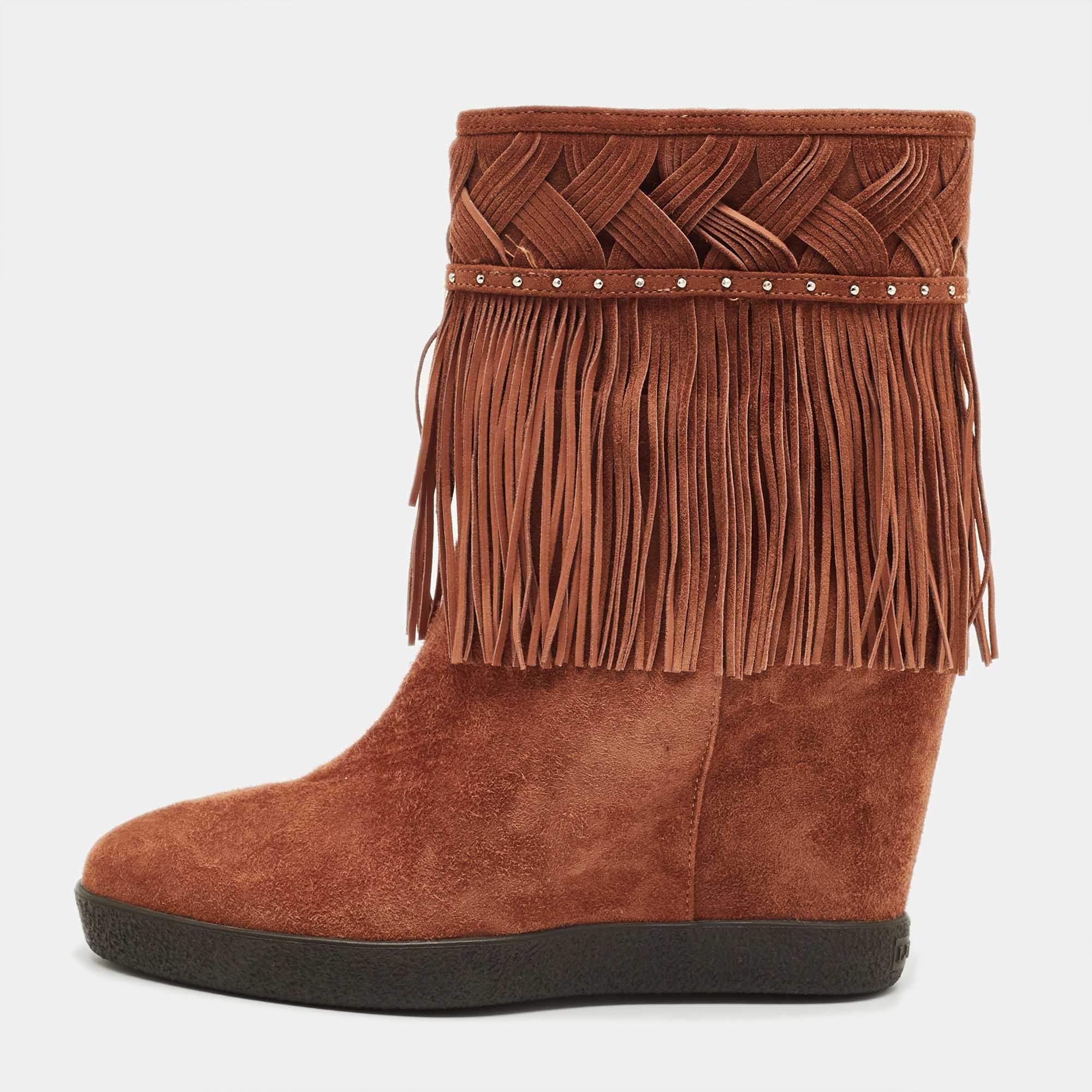 Pre Owned Le Silla Brown Suede Fringe Wedge Ankle Length Boots Size 36