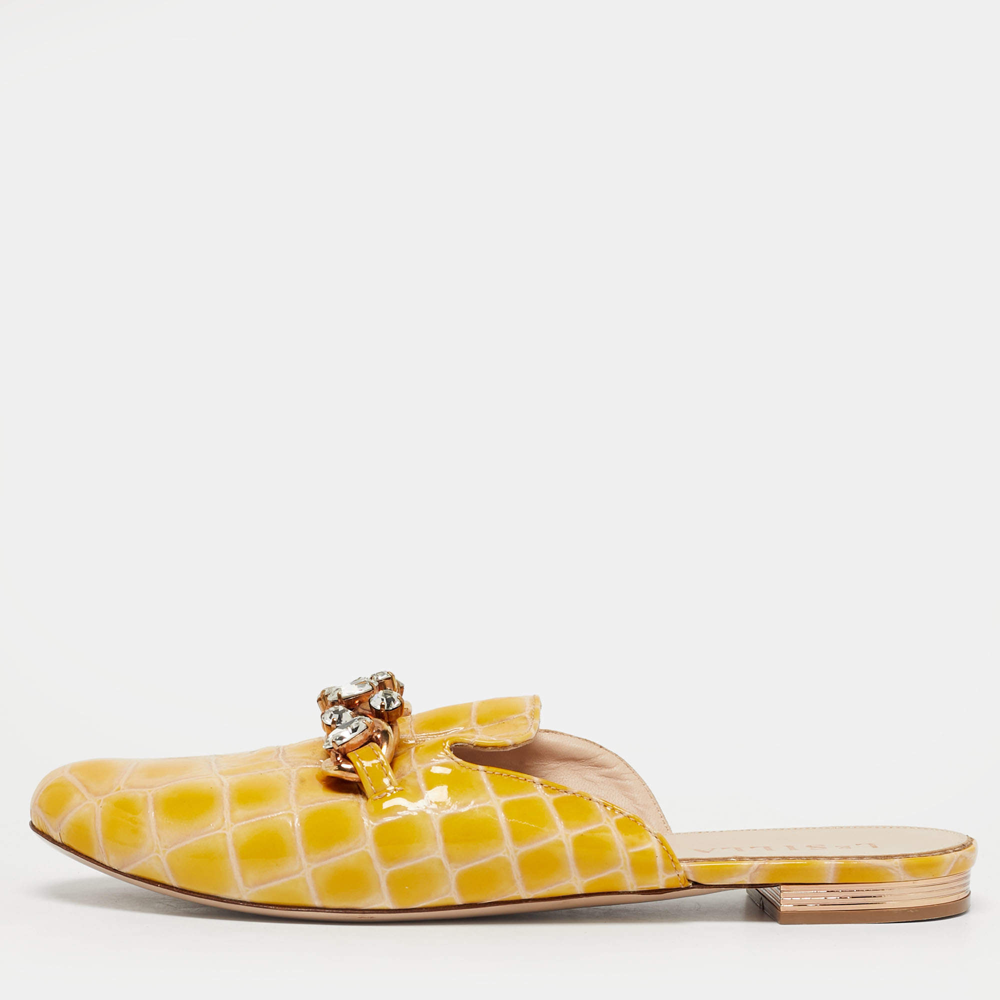 Pre Owned Le Silla Yellow Croc Embossed Patent Leather Crystal Embellished Chain Flat Mules Size 37