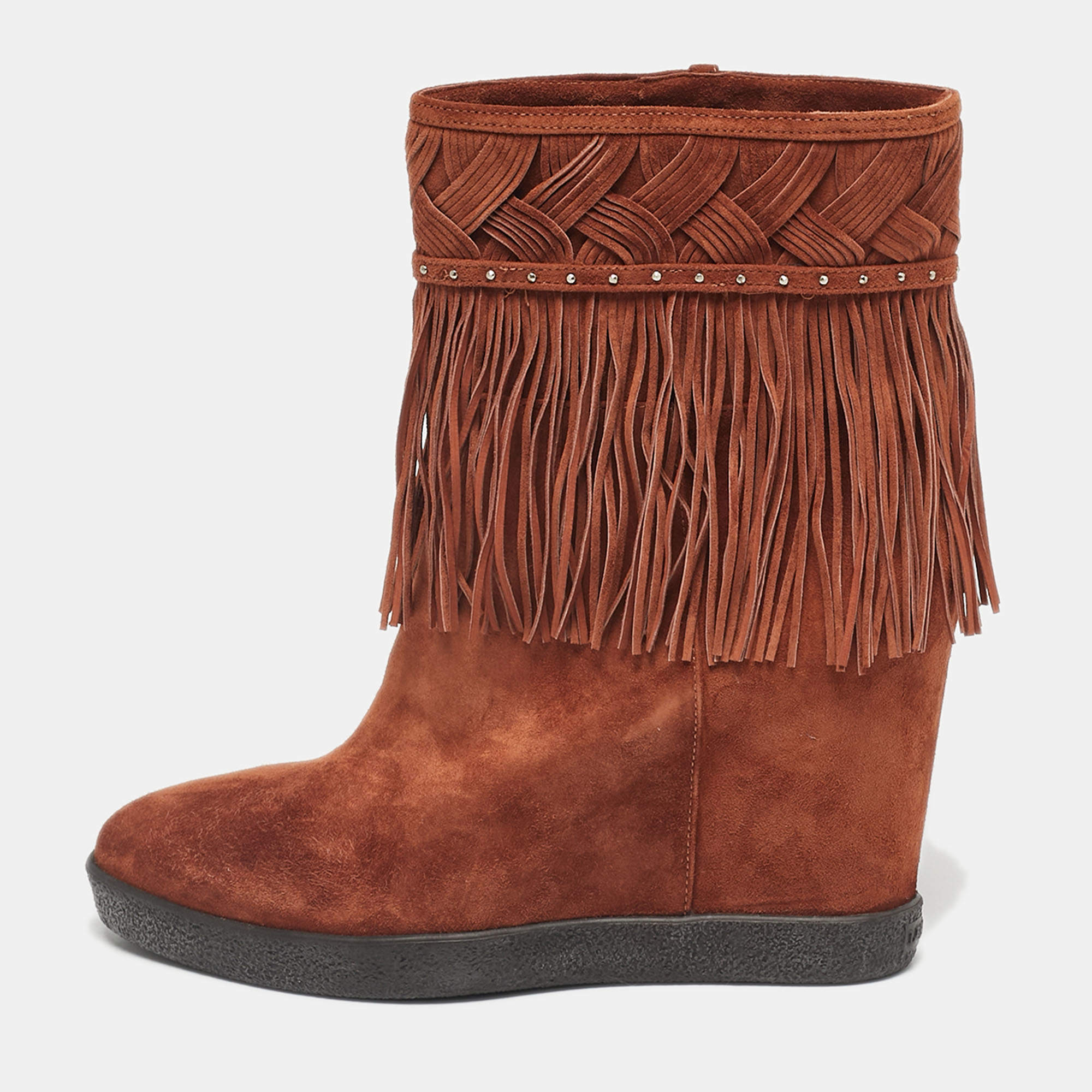 Pre Owned Le Silla Brown Suede Fringe Wedge Ankle Boots Size 37.5