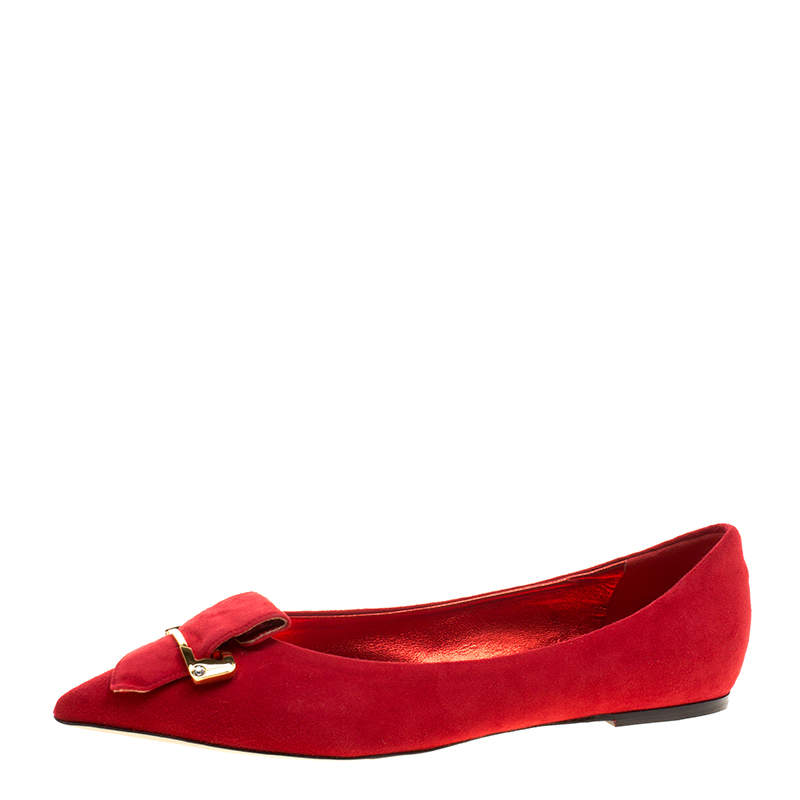 Le Silla Red Suede Safety Pin Brooch Pointed Toe Ballet Flats Size 38