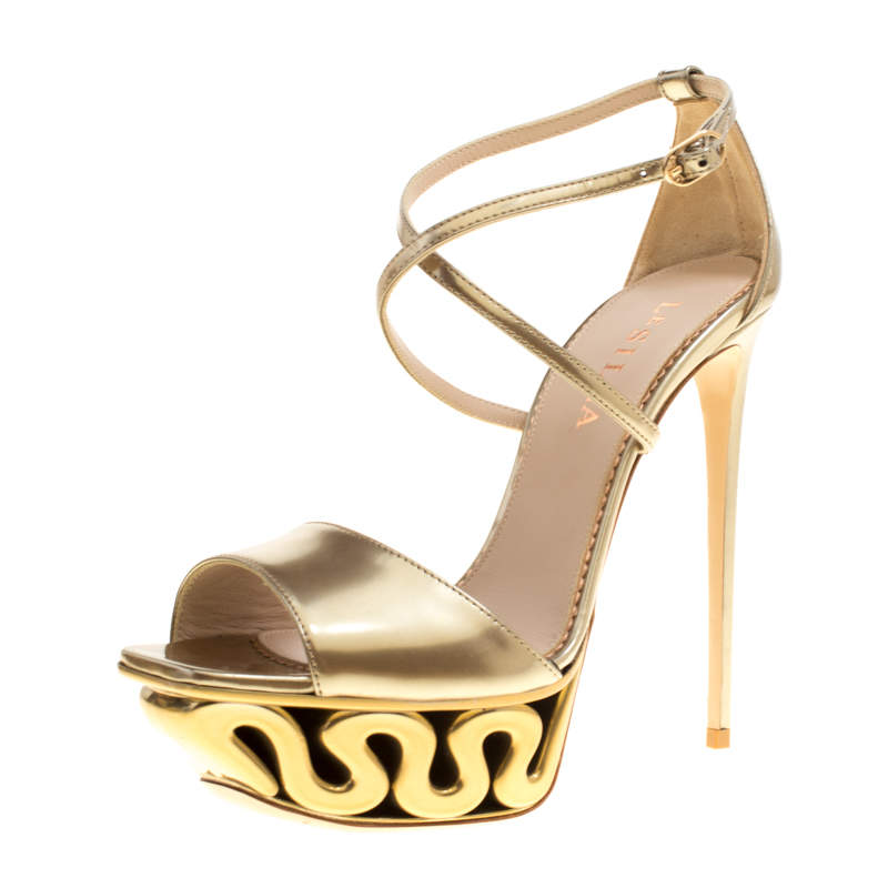 Le Silla Metallic Gold Leather Venus Cross Strap Platform Sandals Size 40