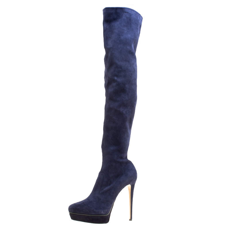Pre Owned Le Silla Navy Blue Stretch Velour Knee High Pointed Toe Boots Size 40