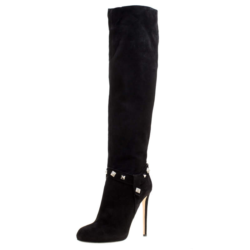 Pre Owned Enio Silla For Le Silla Black Suede Crystal Embellished Pyramid Studs Knee Length Boots Size 40