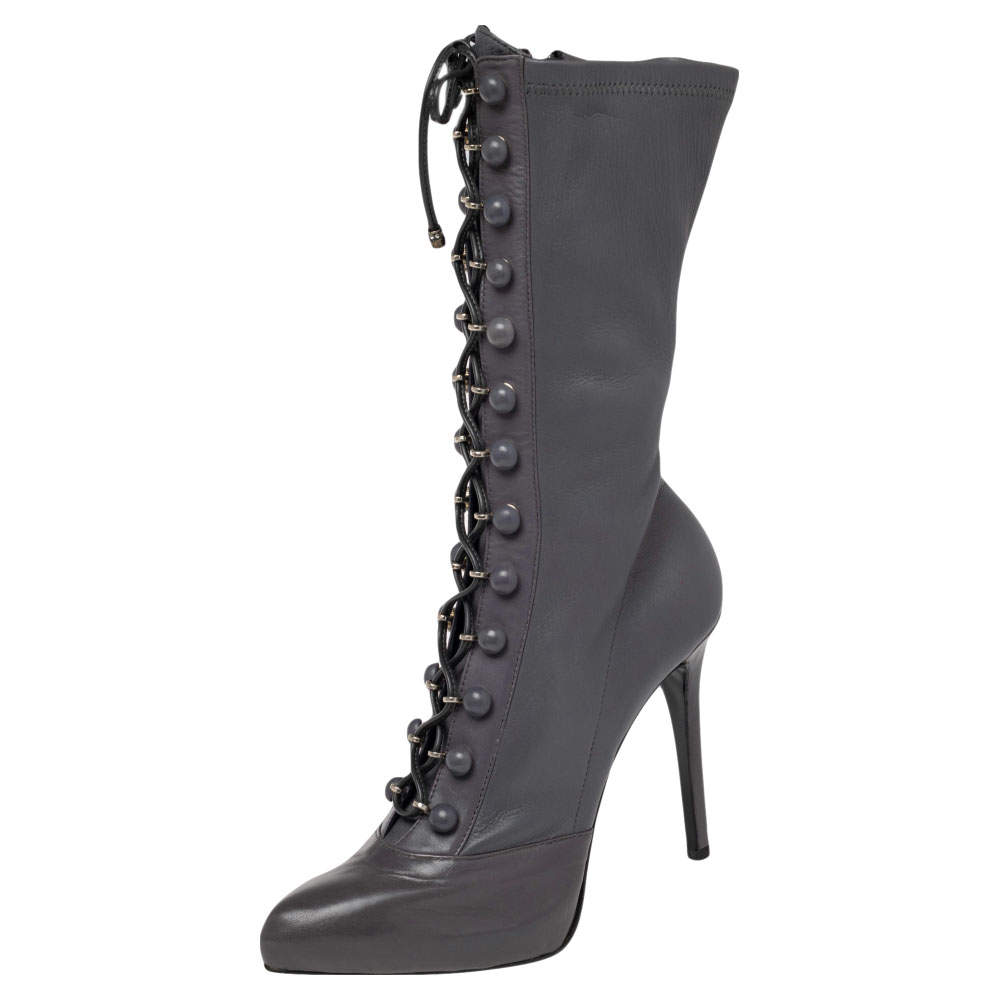 Pre Owned Le Silla Grey Leather Lace Up Mid Calf Boots Size 38.5