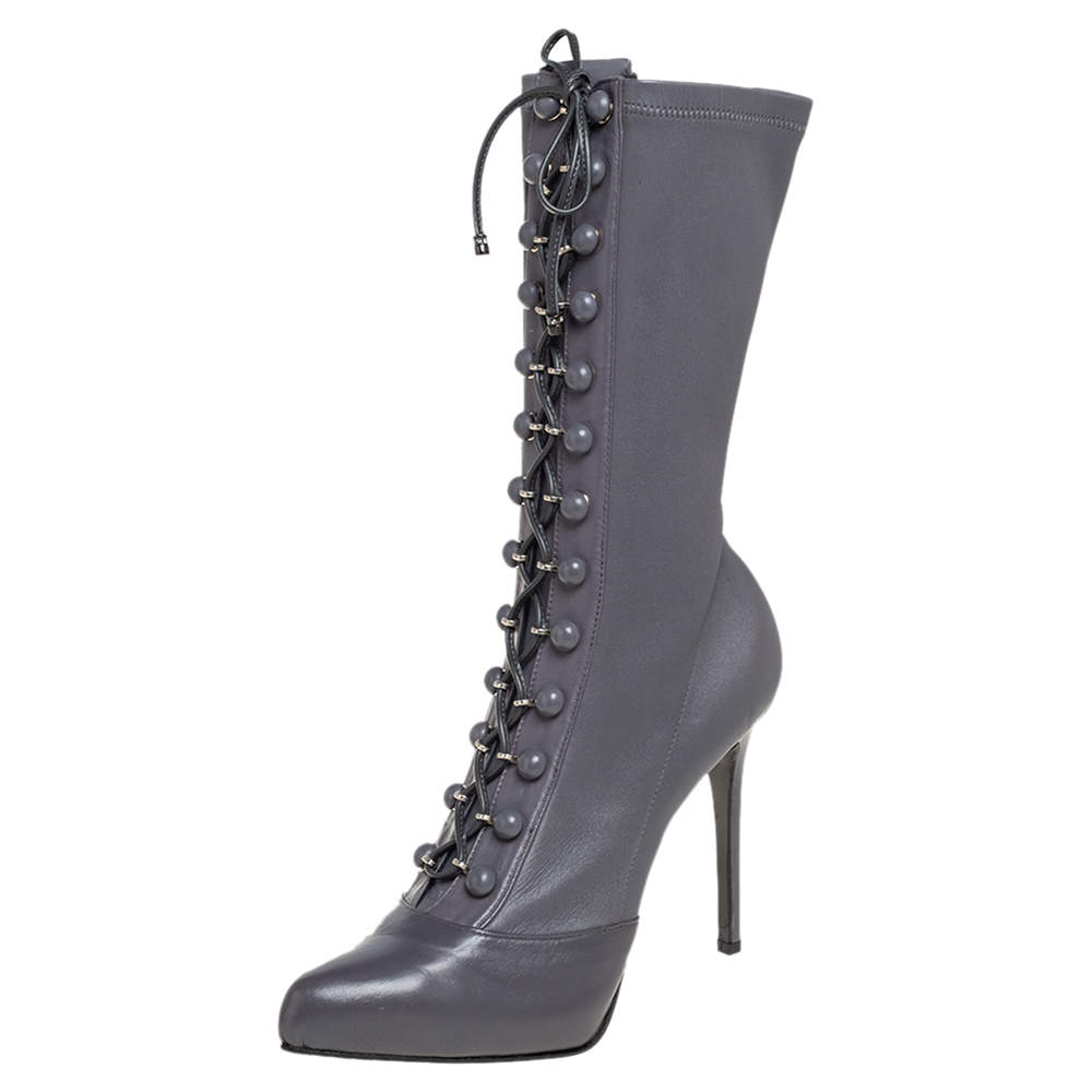 Pre Owned Le Silla Grey Leather Lace Up Mid Calf Boots Size 40