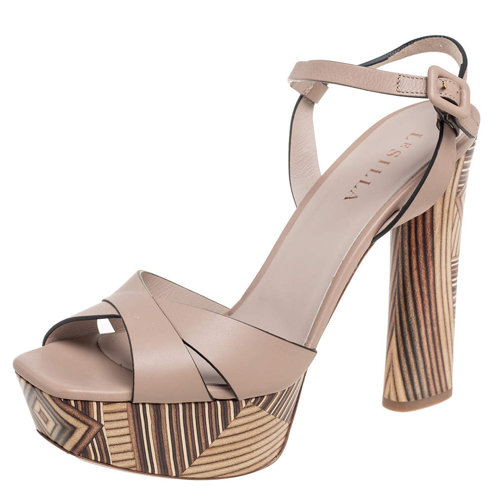 Pre Owned Le Silla Beige Leather Ankle Strap Block Heel Platform Sandals Size 40