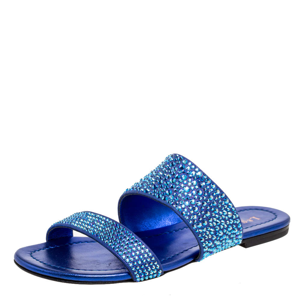 Pre Owned Le Silla Blue Leather And Crystal Embellished Suede Flat Slides Size 36