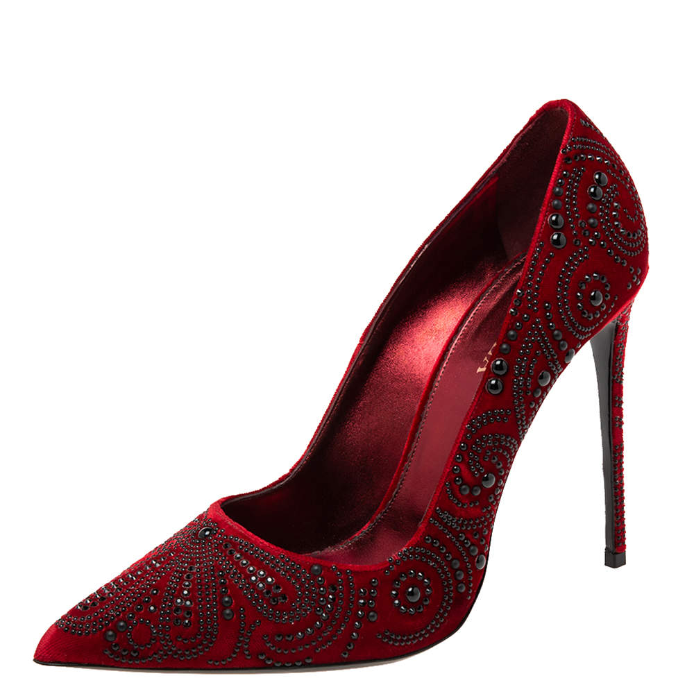 Pre Owned Le Silla  Red Velvet Crystal Embellished Pointed Toe  Pumps Size 40