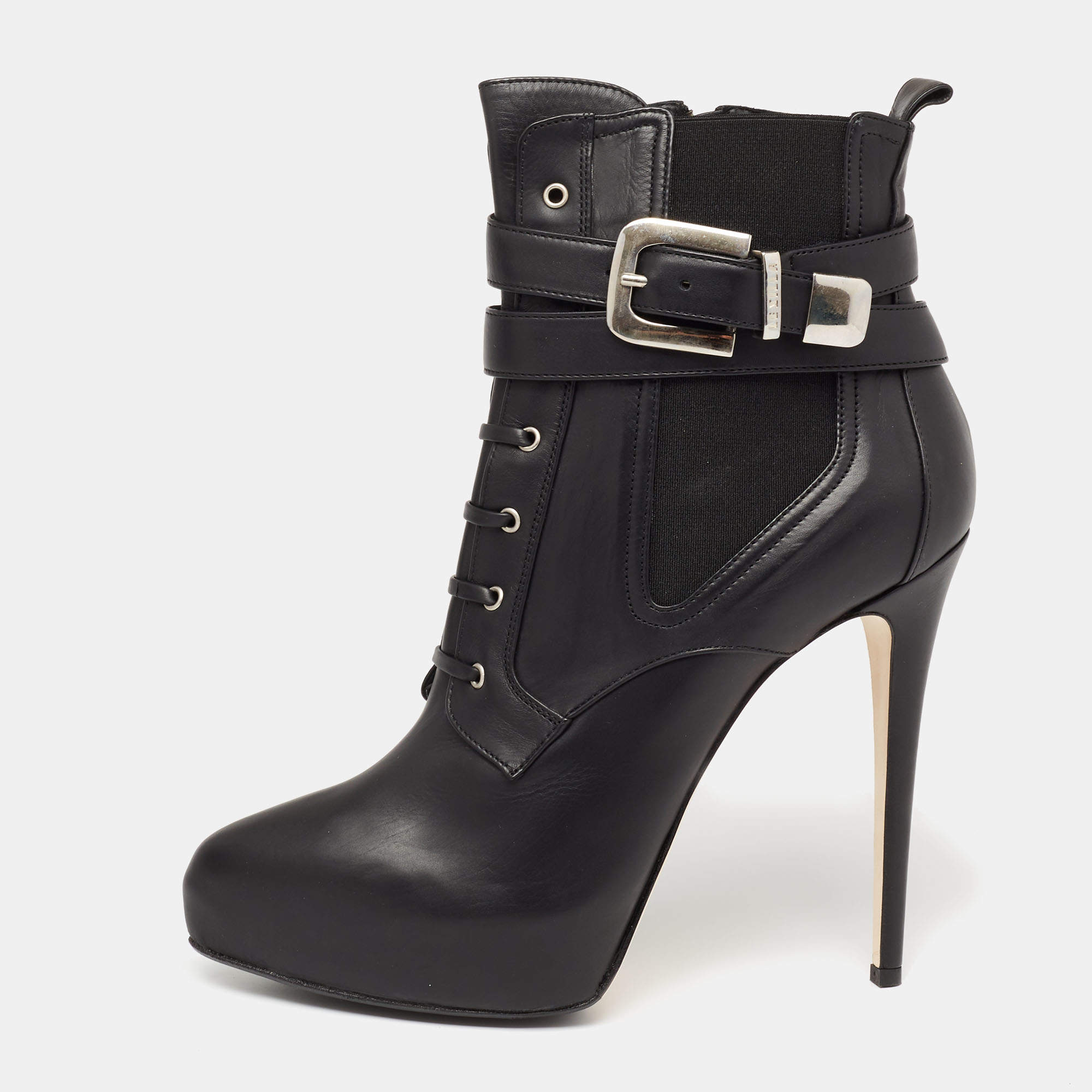 Pre Owned حذاء بوت بطول الكاحل لي سيلا جلد أسود نعل سميك مقاس 40