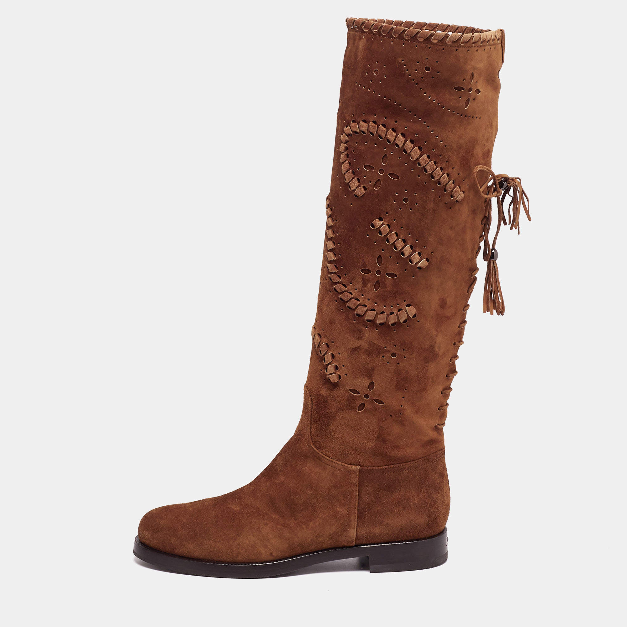 Pre Owned Le Silla Brown Laser Cut Suede Tassel Detail Knee Length Boots Size 41