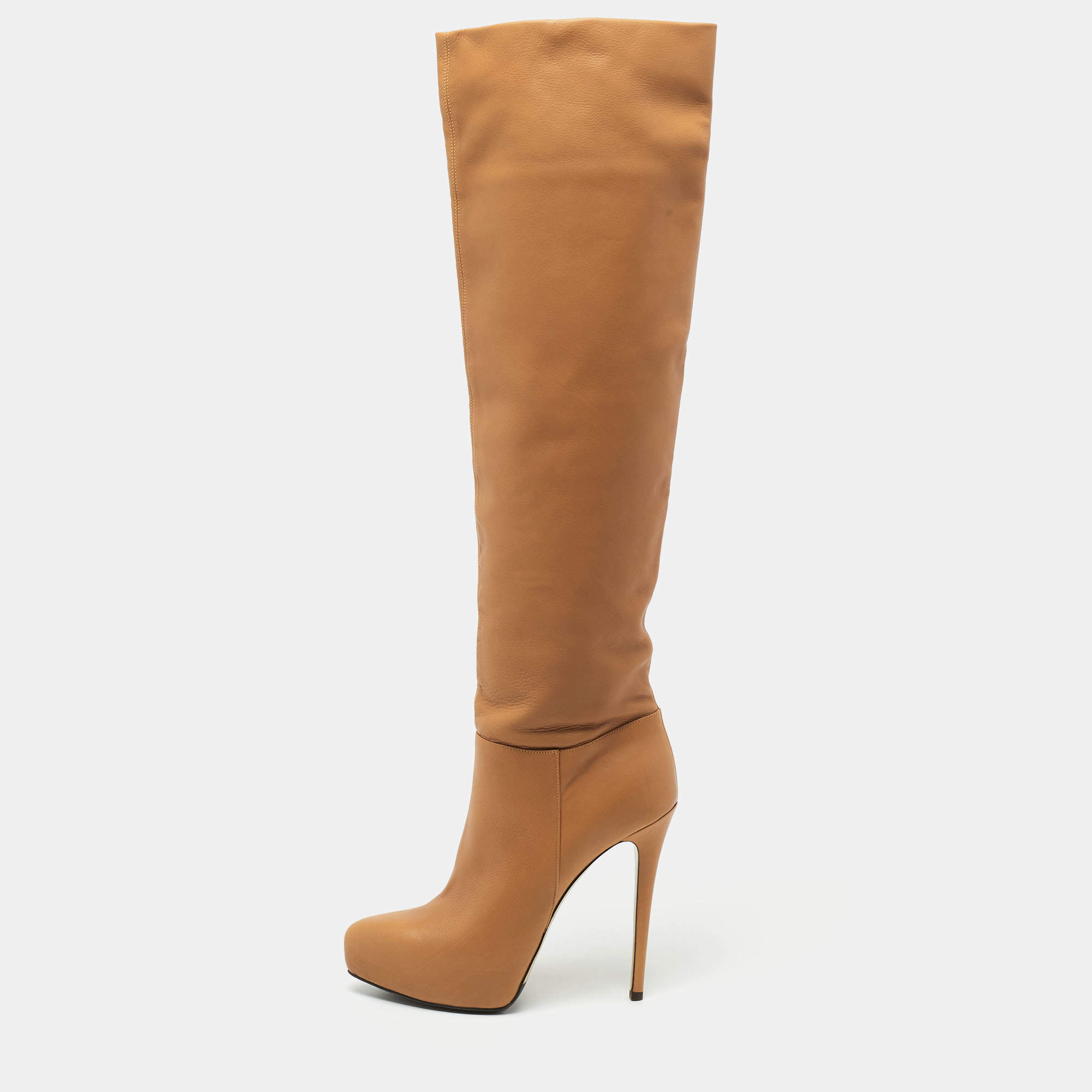 Pre Owned Le Silla Caramel Brown Leather Knee Length Boots Size 37