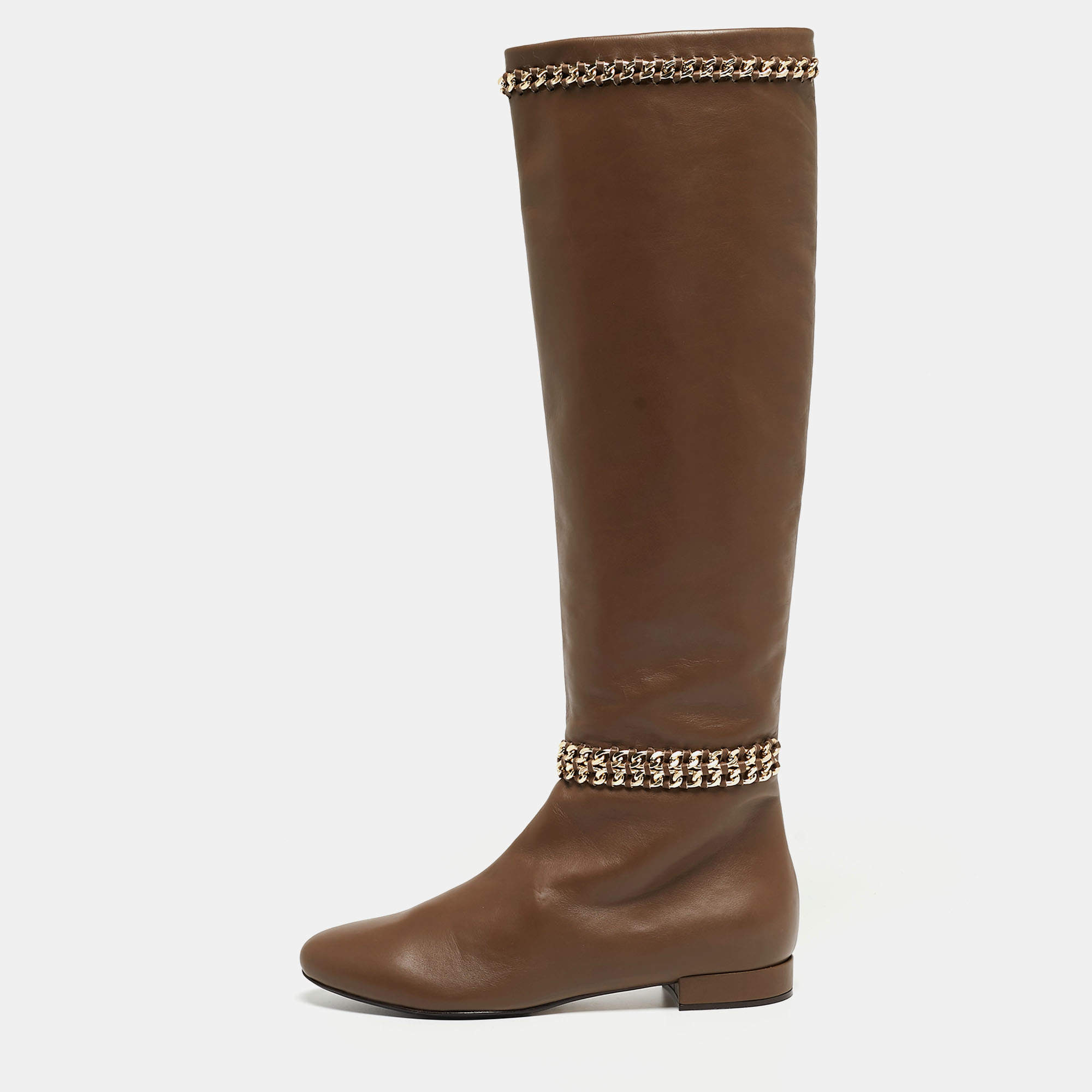 Pre Owned Le Silla Brown Leather Chain Detail Knee Length Boots Size 38