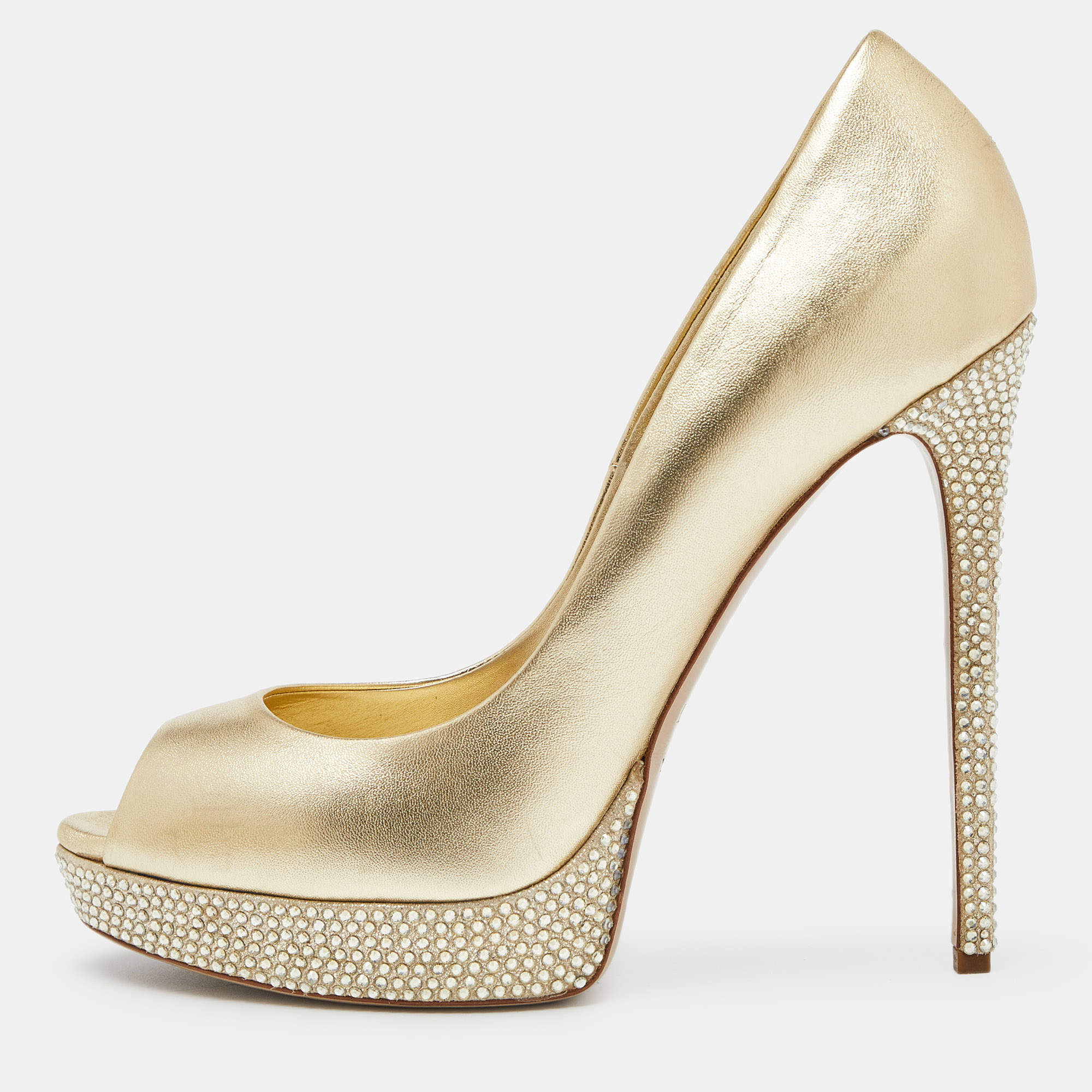 Pre Owned Le Silla Gold Leather Crystal Embellished Platform Peep Toe Pumps Size 40