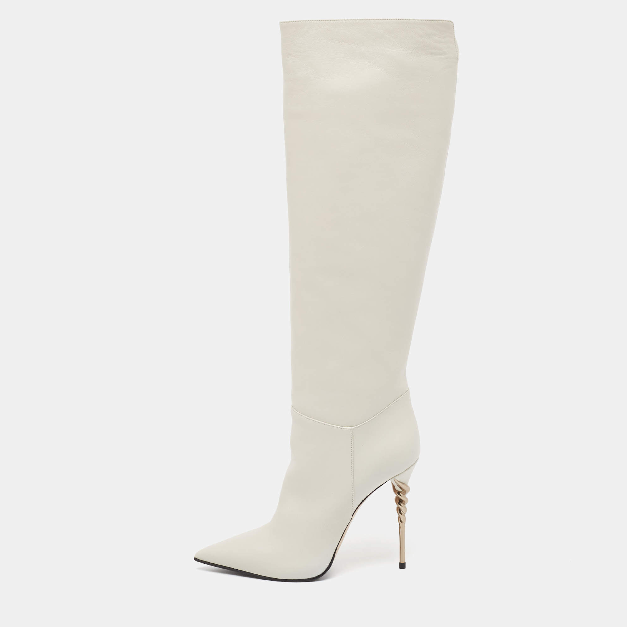 Pre Owned Le Silla Cream Leather Over The Knee Boots Size 38