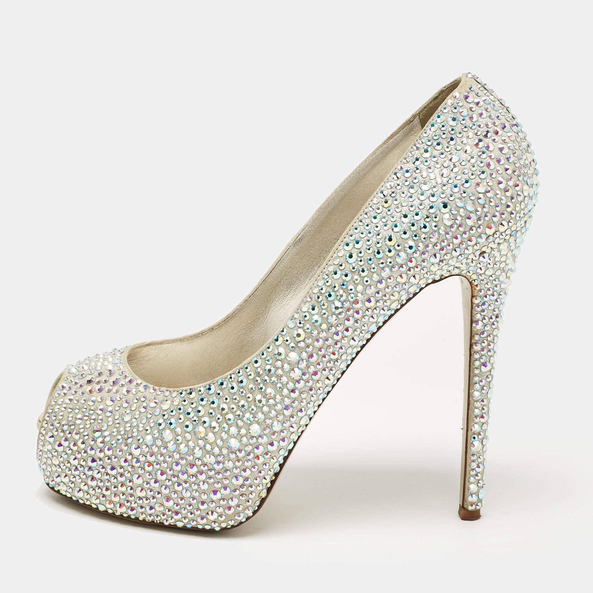 Le Silla Silver Crystal Embellished Suede Peep Toe Platform Pumps Size 37