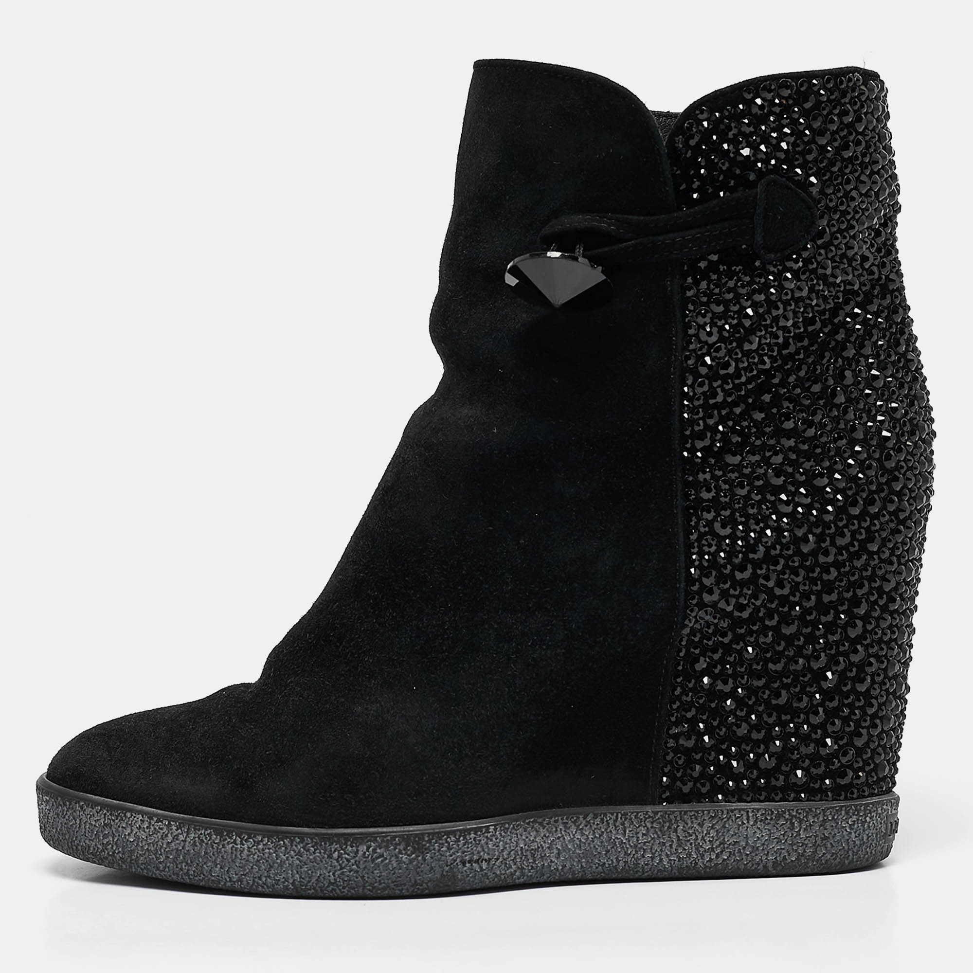 Le Silla Black Suede Crystal Embellished Wedge Ankle Length Boots Size 37