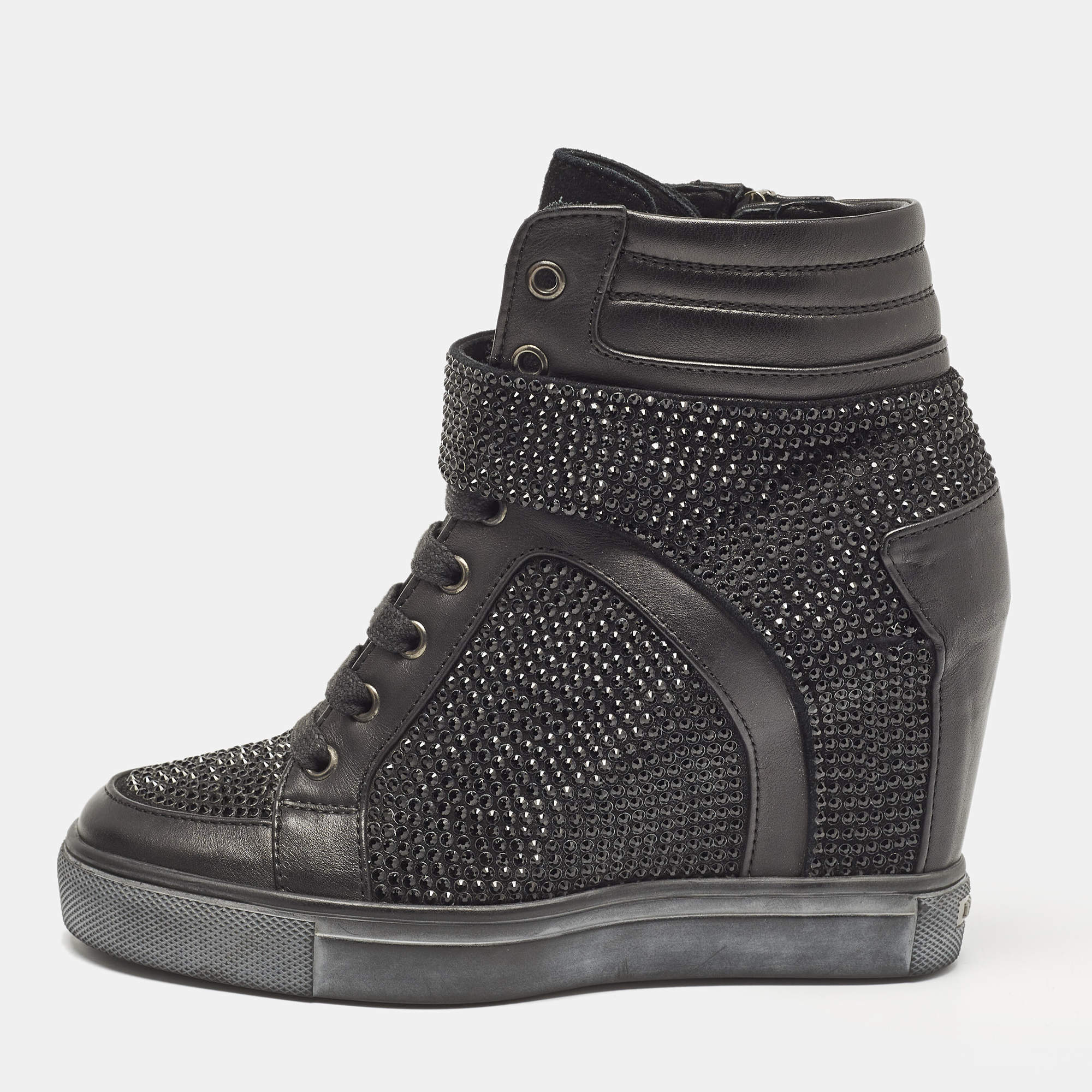 Pre Owned Le Silla Black Crystals and Leather Wedge Sneakers Size 36