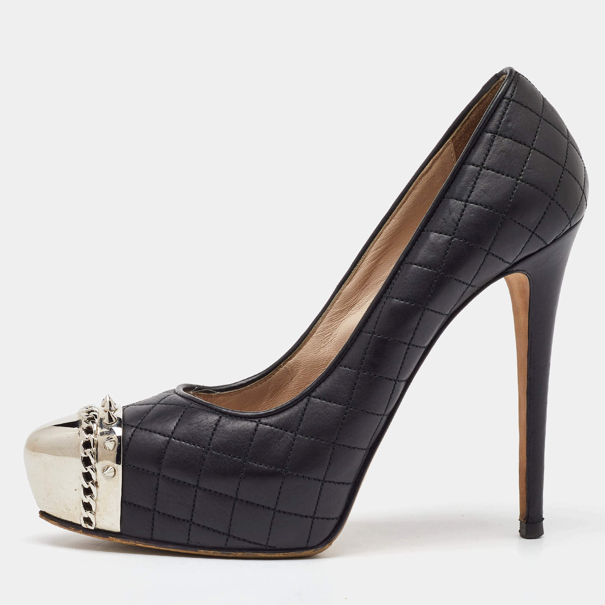 Le Silla Black Quilted Leather Metal Cap Toe Platform Pumps Size 38