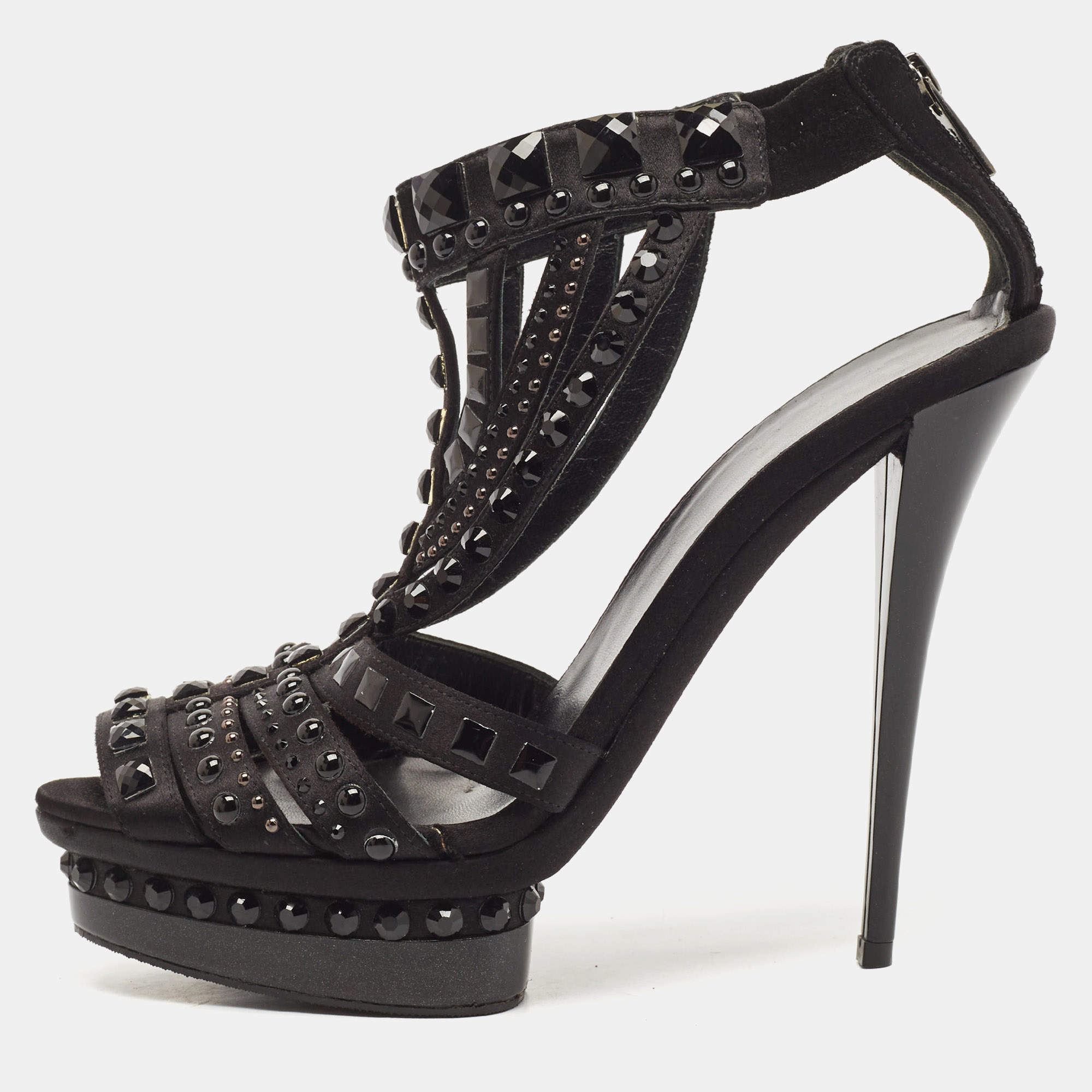 Le Silla Black Satin Crystal Embellished Platform Sandals Size 38