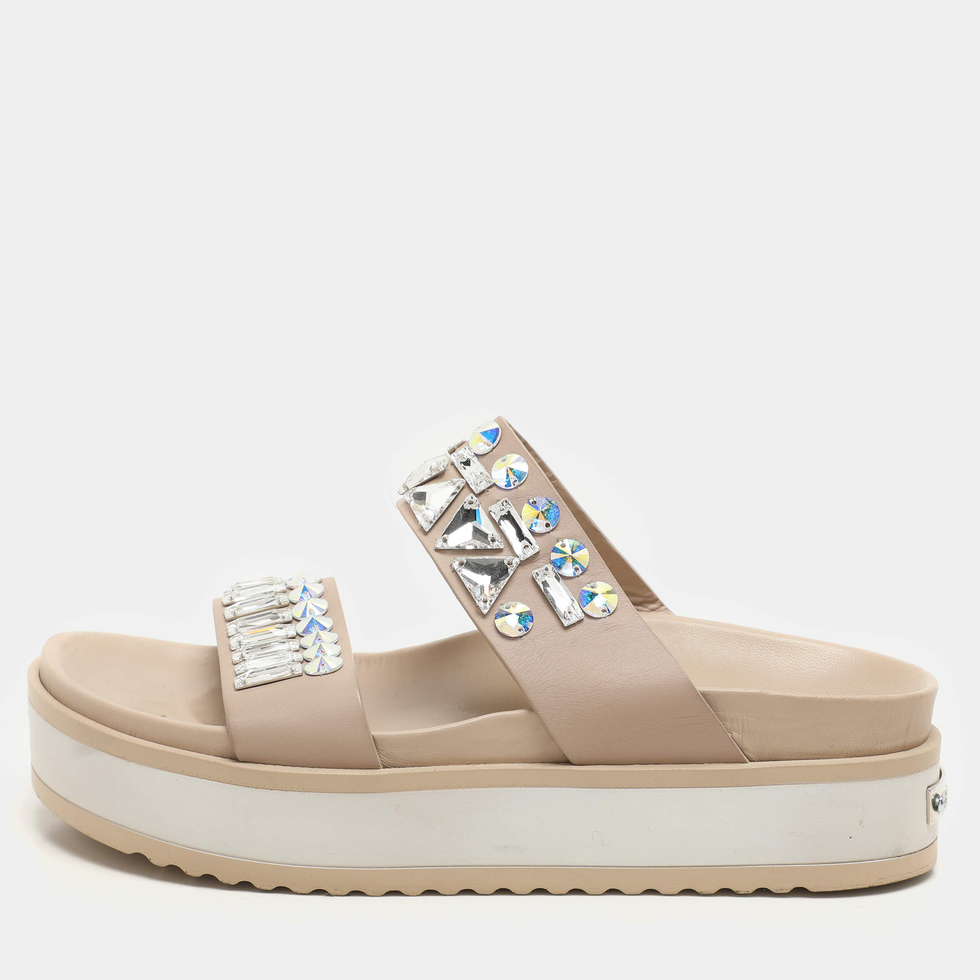 Le Silla Beige Leather Crystal Embellished Platform Sandals Size 37