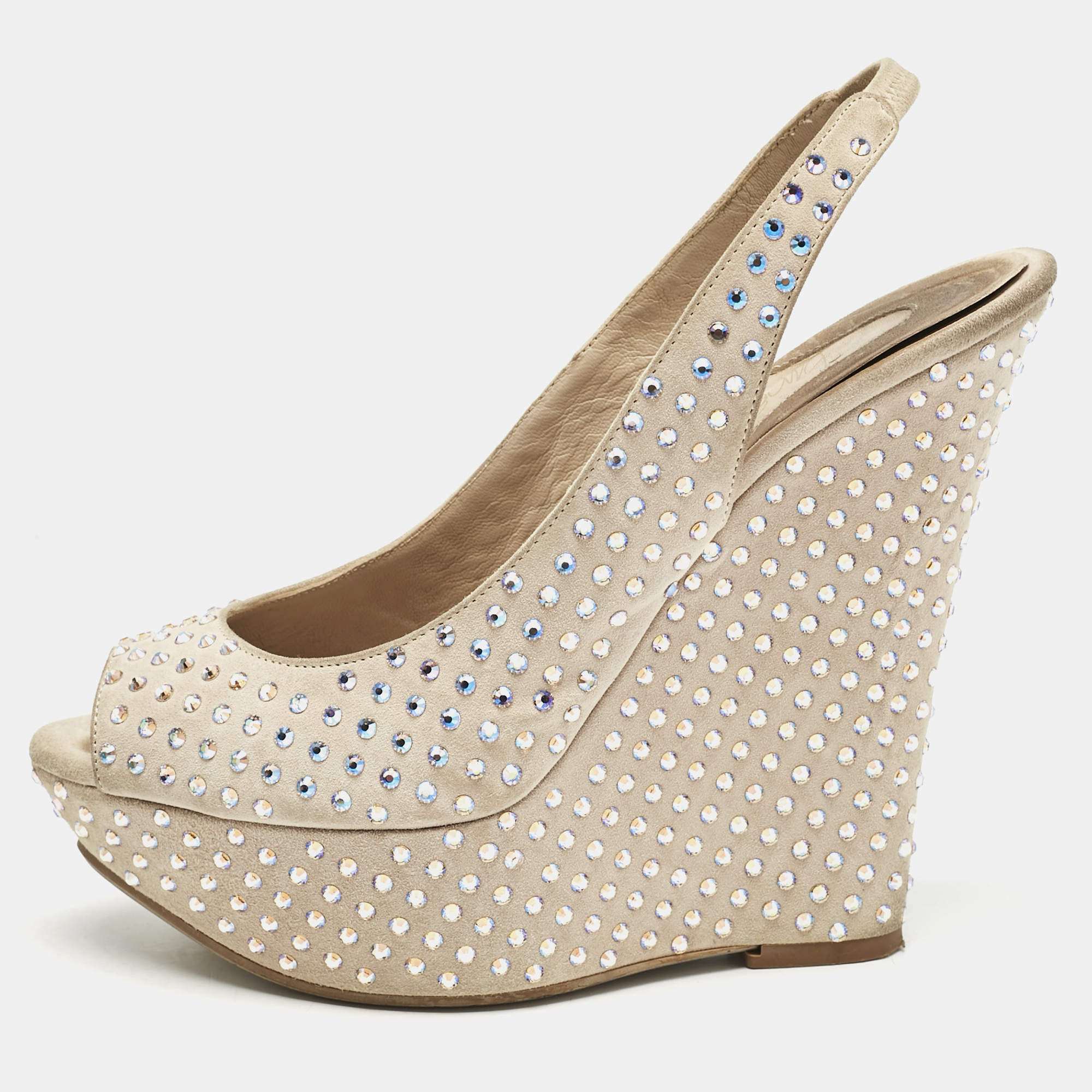 Le Silla Beige Suede Crystal Embellished Wedge Sandals Size 38