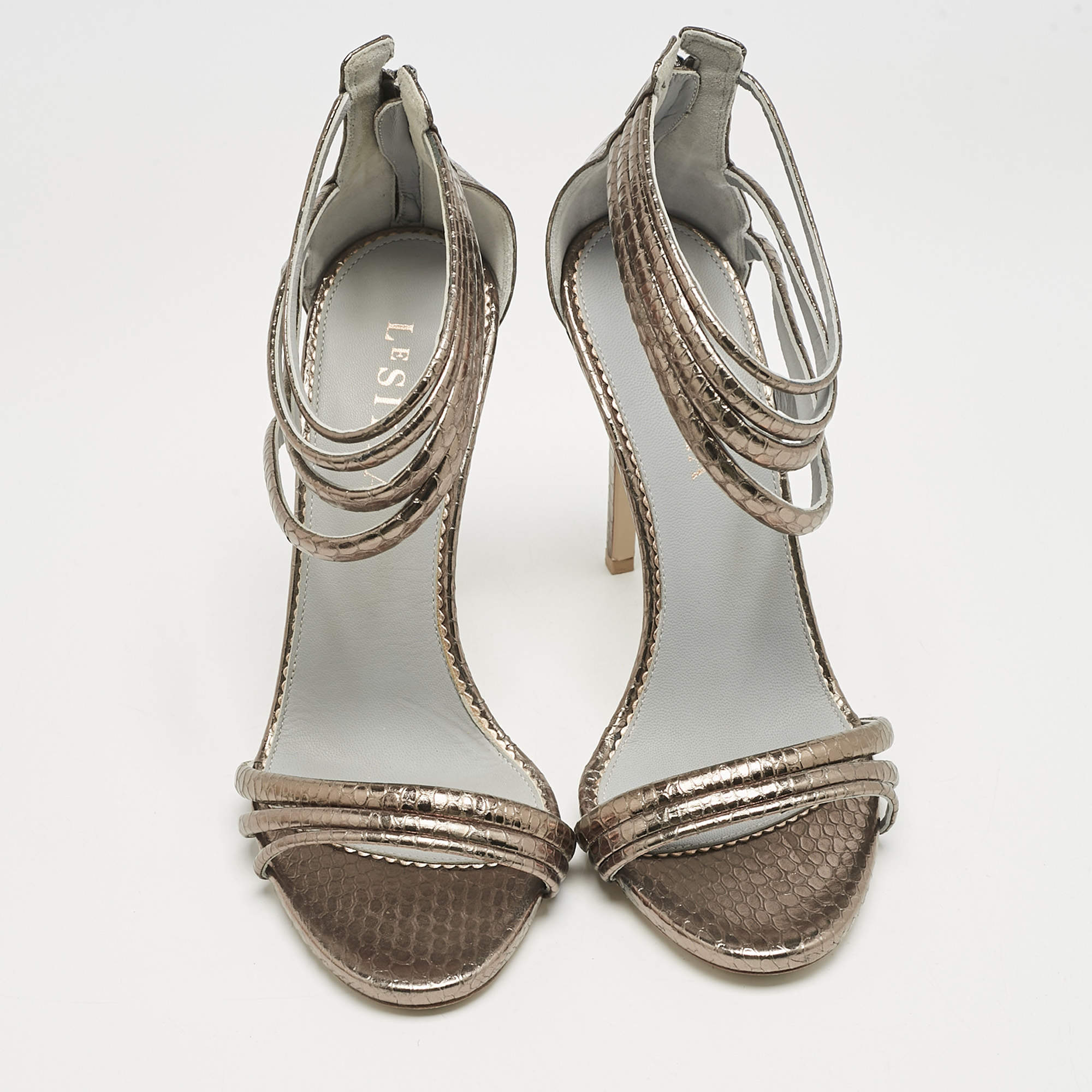 Pre Owned Le Silla Metallic Snakeskin Embossed Leather Strappy Ankle Strap Sandals Size 37