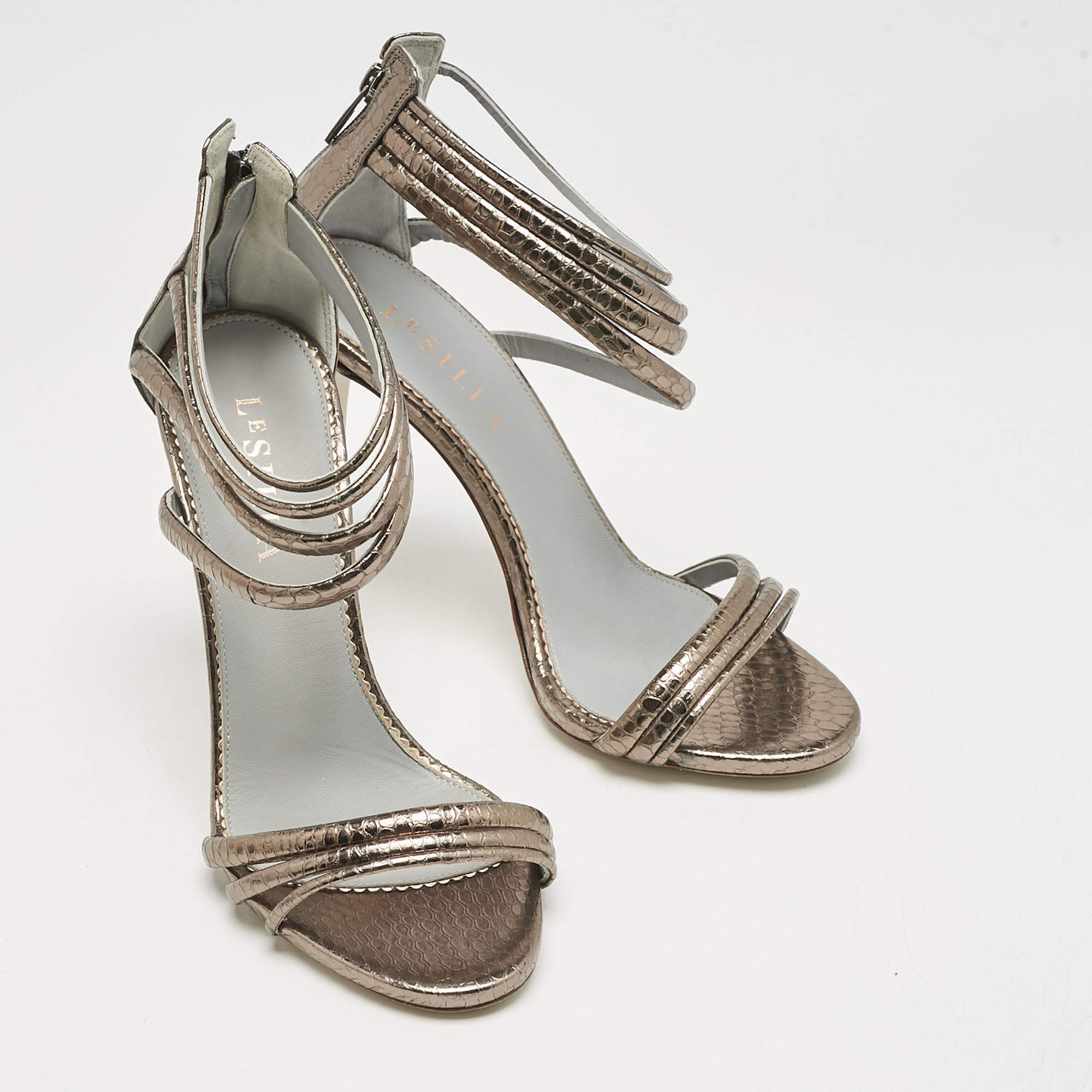 Pre Owned Le Silla Metallic Snakeskin Embossed Leather Strappy Ankle Strap Sandals Size 37