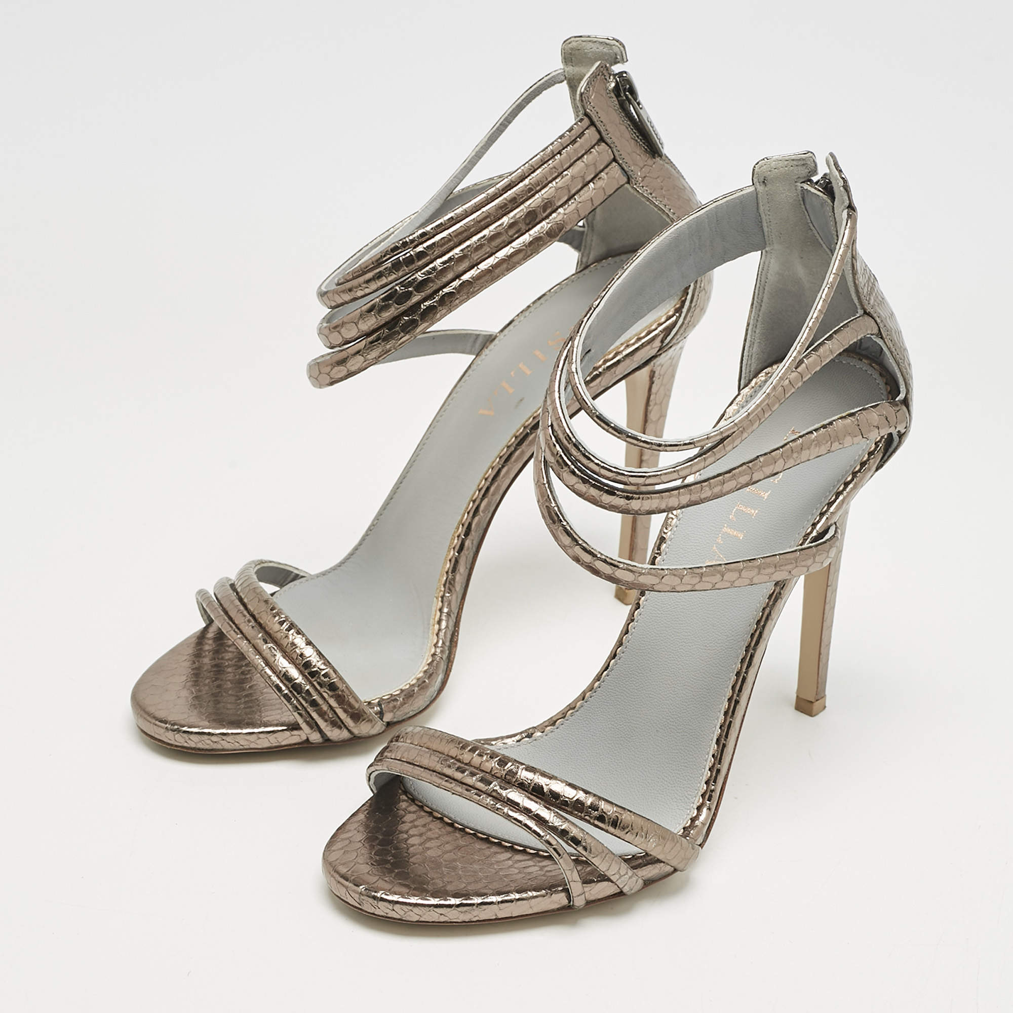 Pre Owned Le Silla Metallic Snakeskin Embossed Leather Strappy Ankle Strap Sandals Size 37