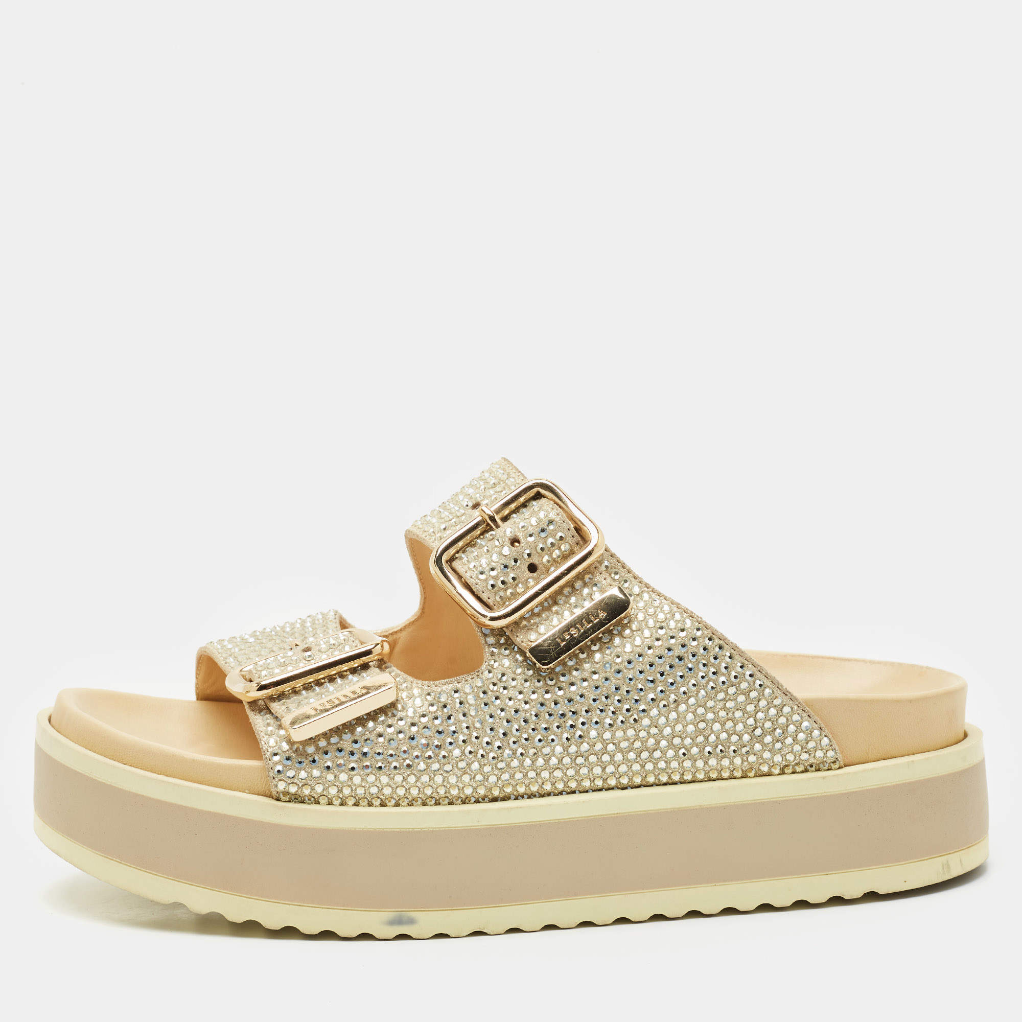 Le Silla Metallic Gold Suede Crystal Embellished Poolside Platform Sandals Size 38