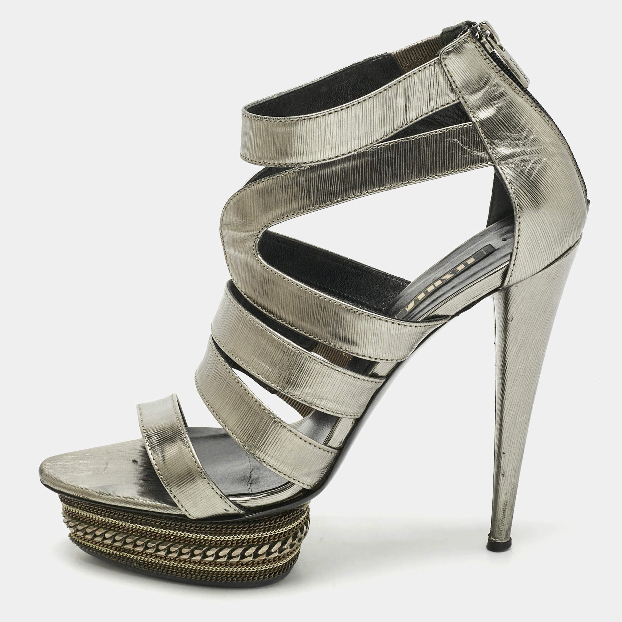 Pre Owned Le Silla Metallic Suede Ankle Strap Sandals Size 38.5