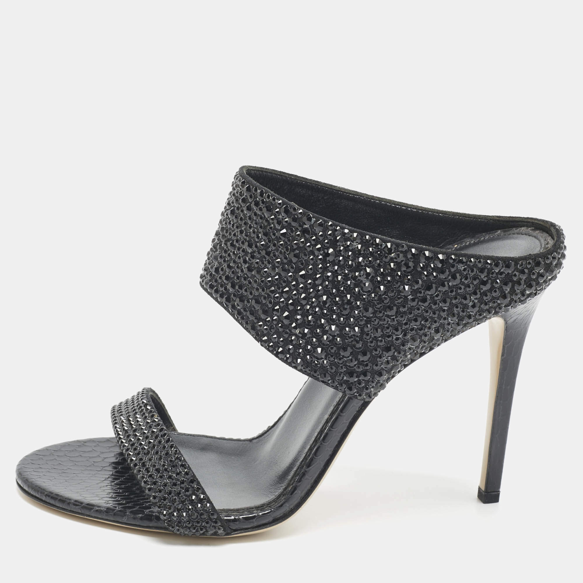 Pre Owned Le Silla Black Snakeskin Embossed Leather and Suede Crystal Embellished Slide Sandals Size 37.5