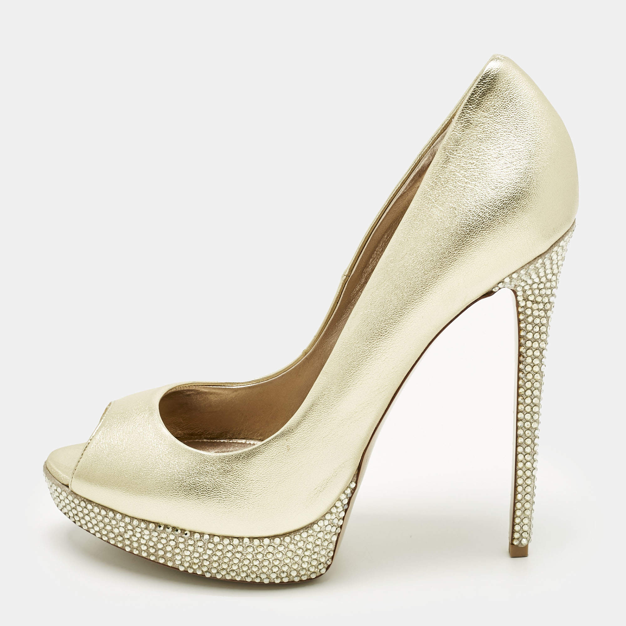 Pre Owned Le Silla Gold Leather Crystal Embellished Platform Pumps Size 41
