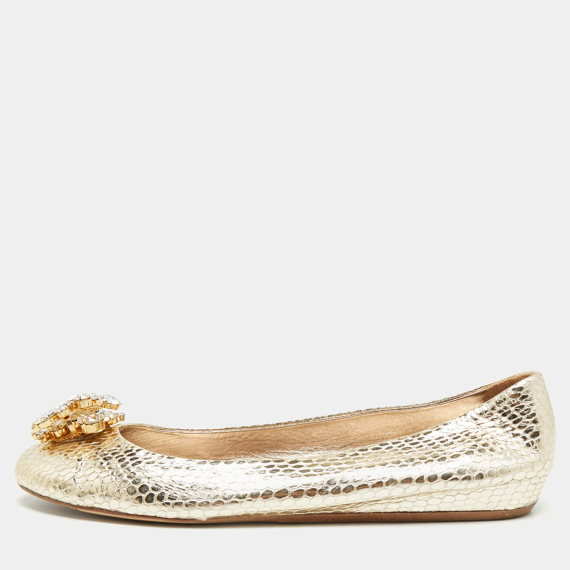 Pre Owned Le Silla Size 41 Metallic Python Embossed Leather Crystal Embellished  Ballet Flats