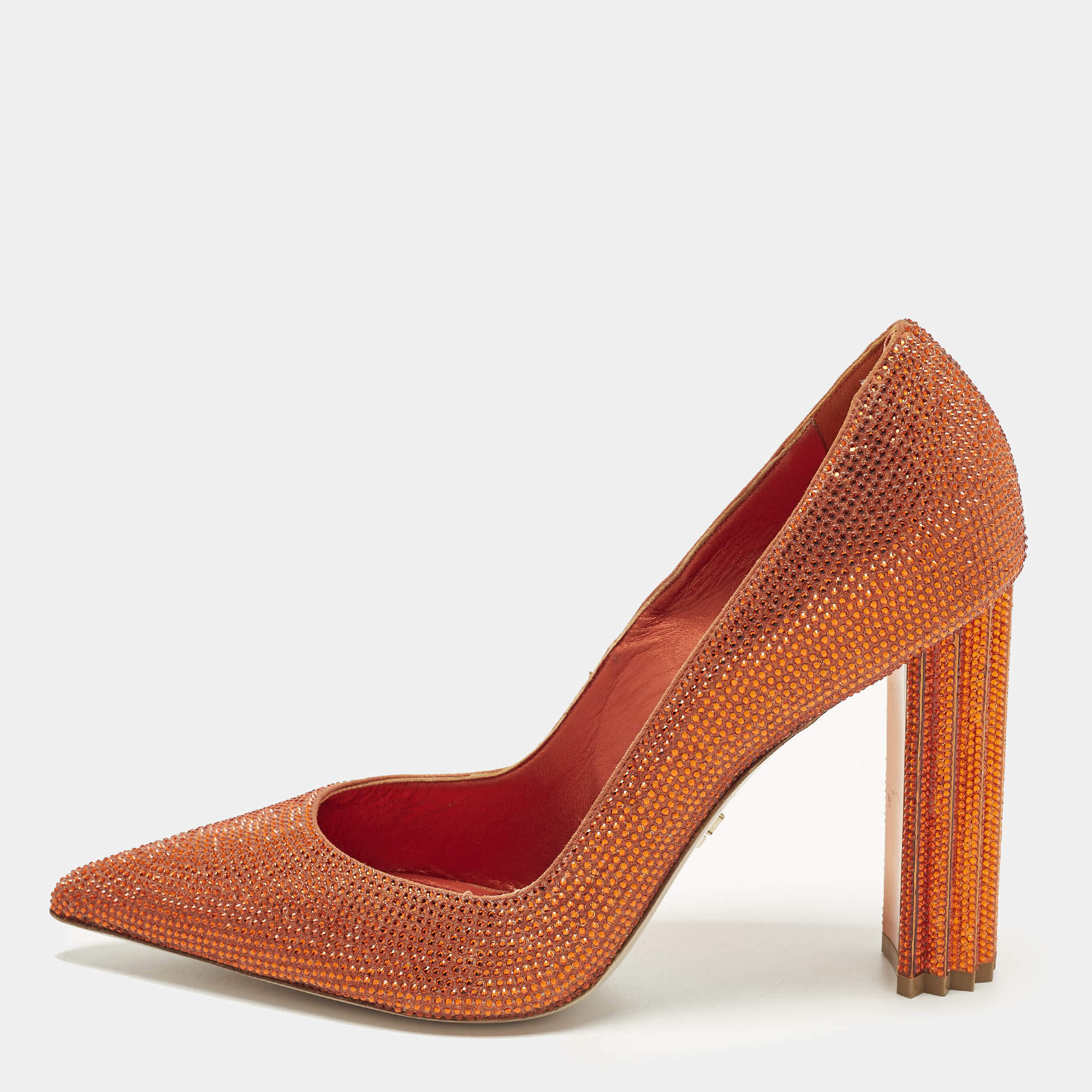 Pre Owned Le Silla Size 39 Orange Crystals and Suede Pointed Toe Pumps