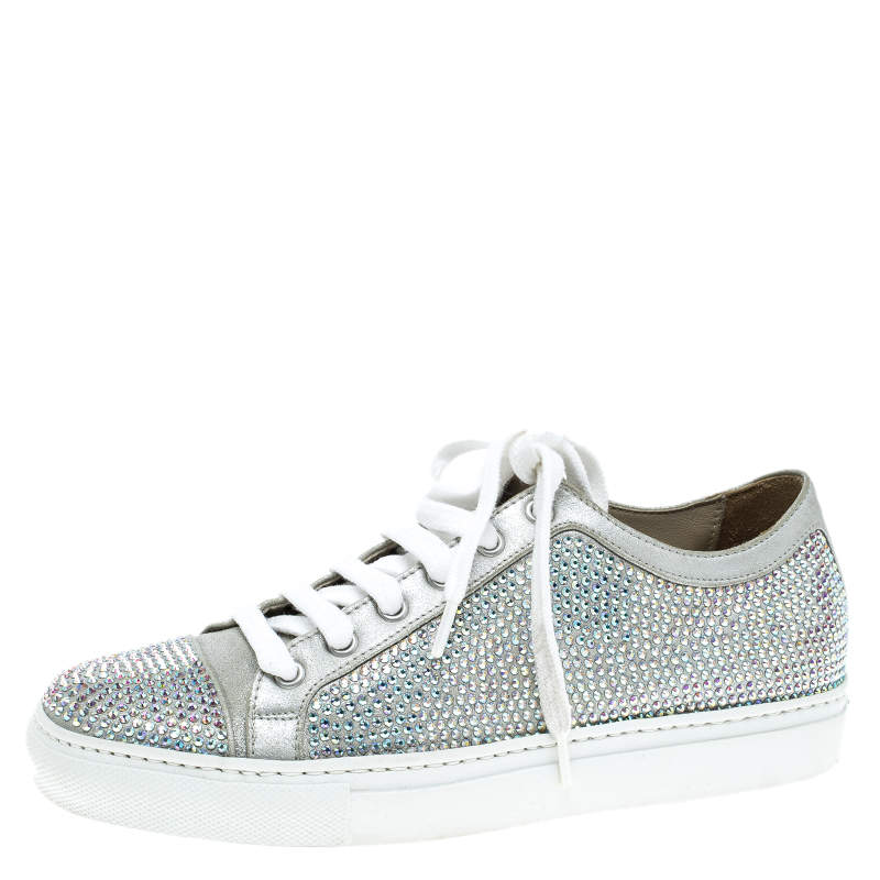 Le Silla Grey Crystal Embellished Suede Lace Up Sneakers Size 36