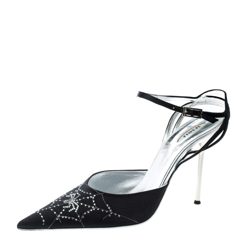 Le Silla Black Satin Crystal Embellished Spider Pointed Toe Sandals Size 39