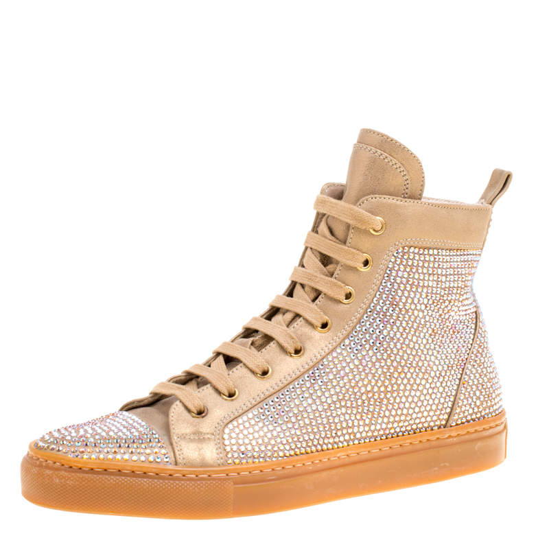 Pre Owned Le Silla Beige Crystal Embellished Leather High Top Sneakers Size 37