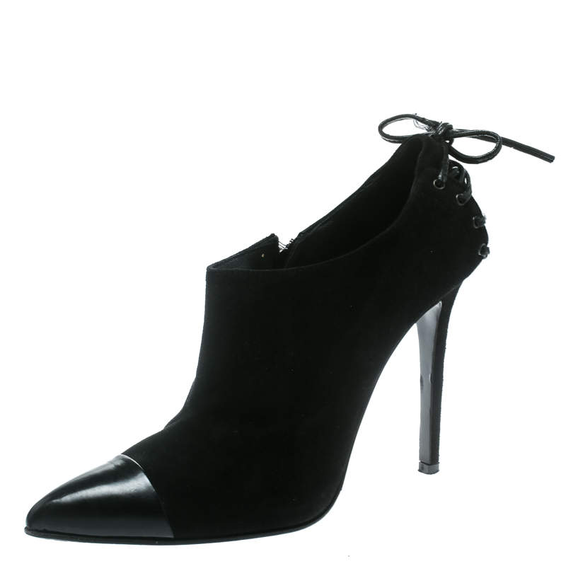 Pre Owned Le Silla Black Suede/Patent Lather Cap Toe Ankle Boots Size 37.5