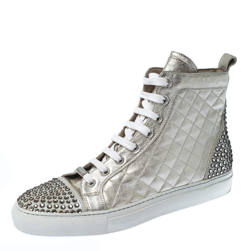 Pre Owned Le Silla Pearl White Metallic Quilted Leather and Suede Crystal Embellished Lace High Top Sneakers Size 38