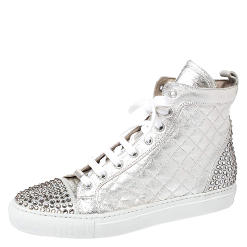 Pre Owned Le Silla Pearl White Metallic Quilted Leather and Suede Crystal Embellished Lace High Top Sneakers Size 37
