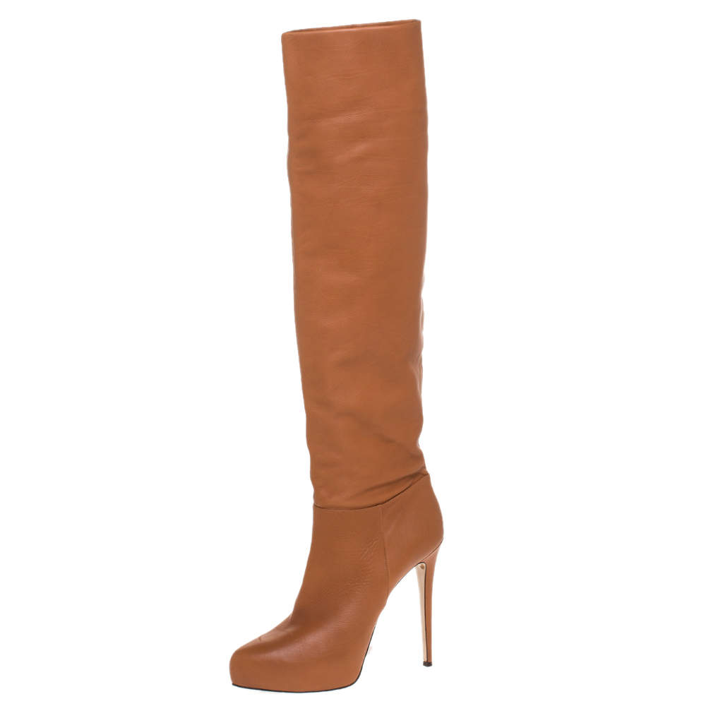 Pre Owned Le Silla Caramel Brown Leather Over The Knee Boots Size 40