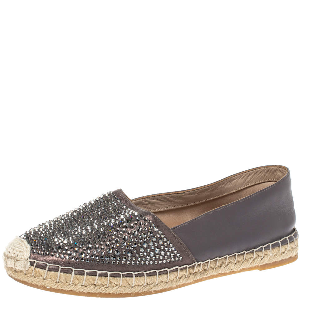 Pre Owned Le Silla Grey Leather Crystal Embellished Espadrille Flats Size 38
