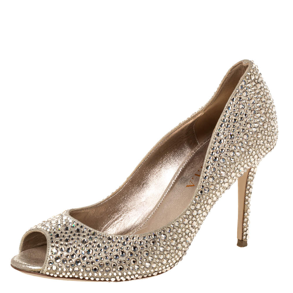 Pre Owned Le Silla Gold Glitter Leather Crystal Embellished Peep Toe Pumps Size 36