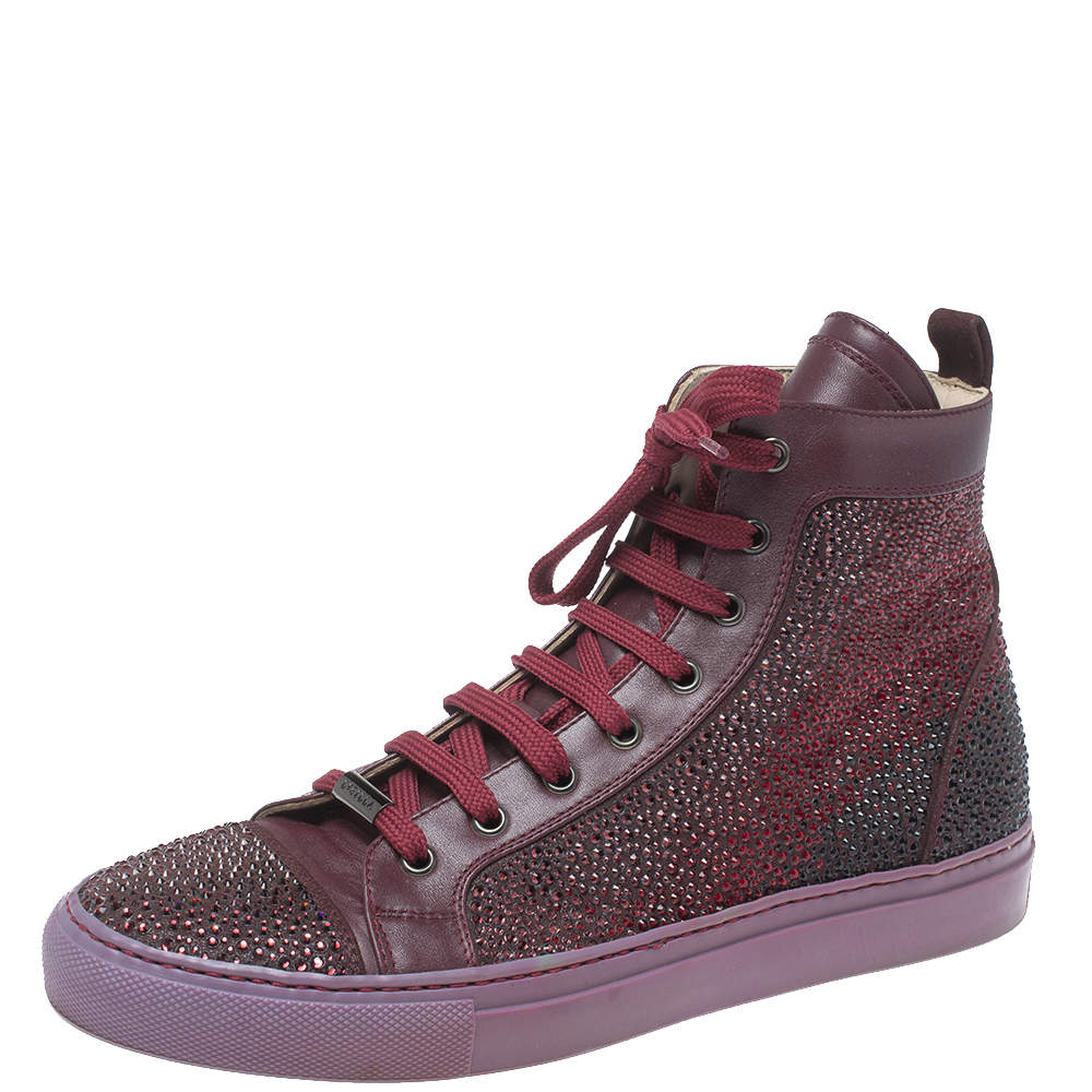 Pre Owned Le Silla Burgundy Crystal Embellished Leather High Top Sneakers Size 38